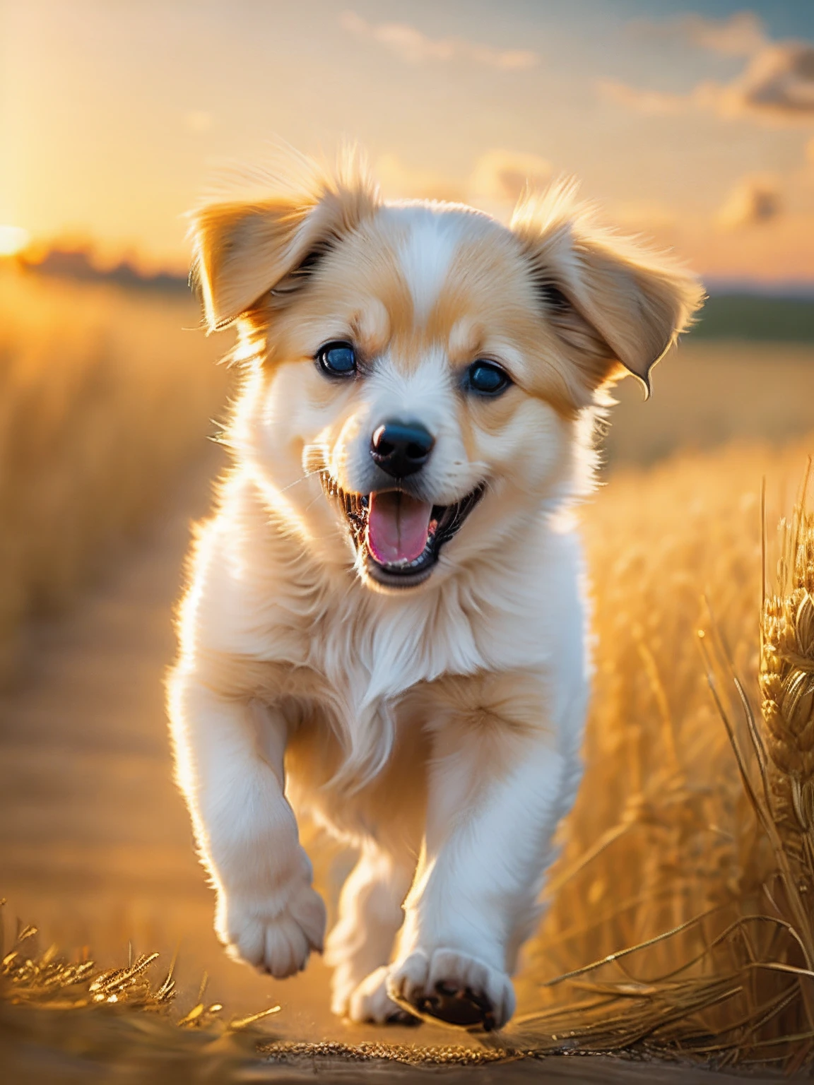 Photo of a very cute puppy running in a golden wheat field, facing the camera, showing his tongue and smiling, sunset sky, white clouds, soft volumetric light, (backlight: 1.3), (movie: 1.2), intricate details, (ArtStation: 1.3), Rutkowski