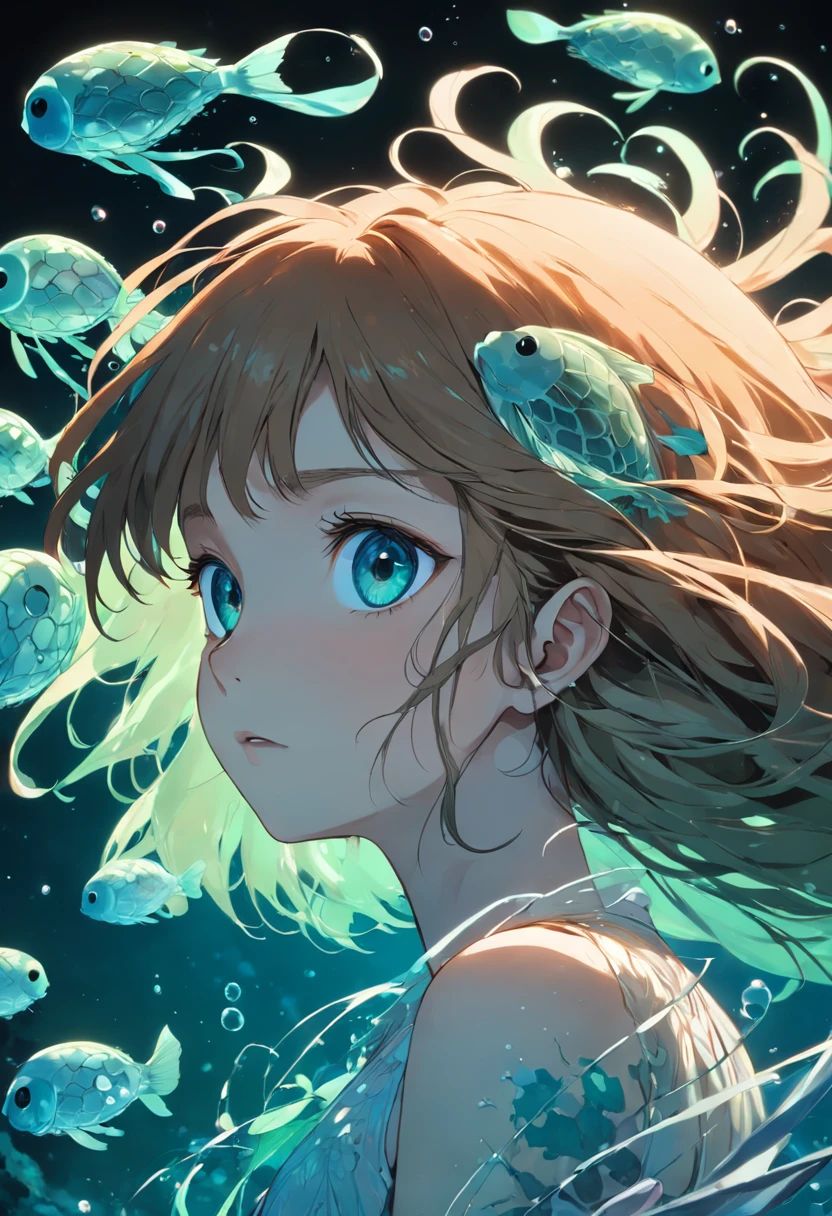 ((masterpiece,best quality)),(negative space:1.2),(1girl, solo:1.4),beautiful detailed eyes,floating hair, underwater, bubble, fish, (jellyfish), fluorescence,sea turtle, seaweed,