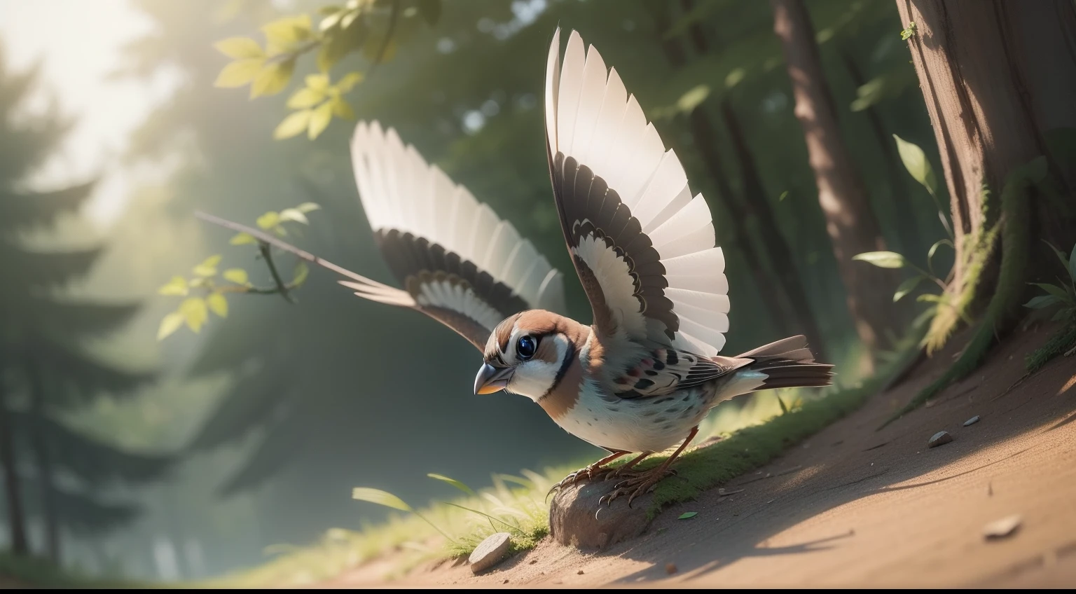 ,a small sparrow learned about, wind currents and wing angles((opened the wings)), forestcartoon style,
