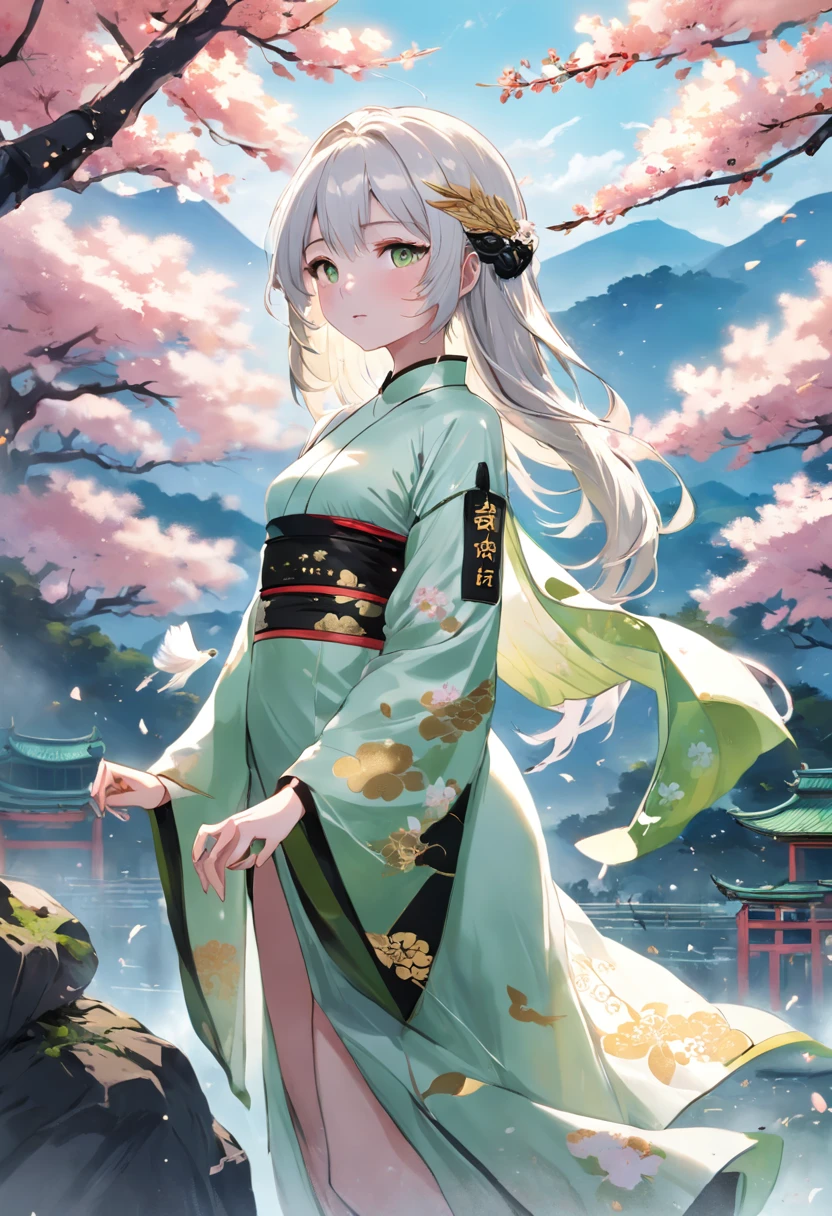 top-quality, Ink painting style, Fresh and elegant, Clear lake, The cherry blossoms set as the sun sets，White color hair, Black cheongsam gold pattern girl, Ride the flower wind to blow your head, A forest dotted with green leaves, Birds sing happily, A poetic scene