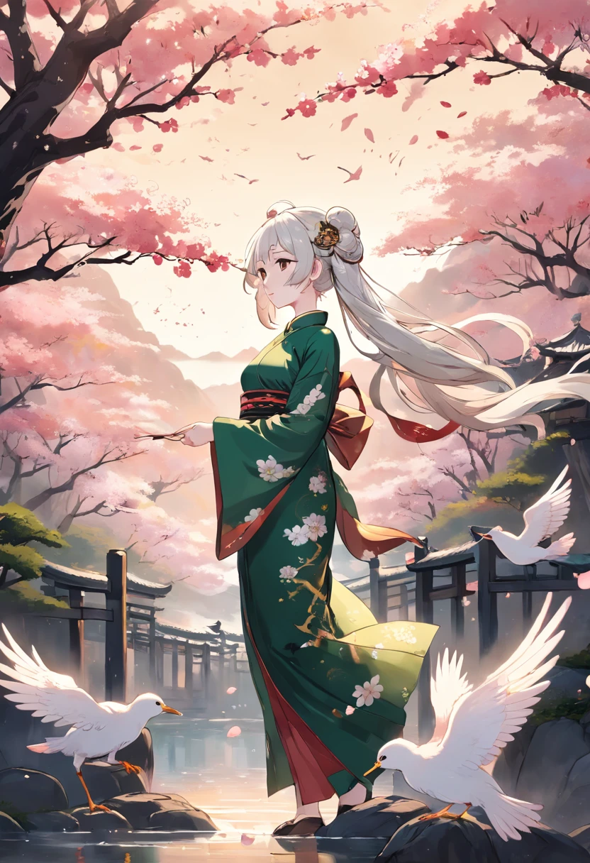 top-quality, Ink painting style, Fresh and elegant, Clear lake, The cherry blossoms set as the sun sets,White color hair, Black cheongsam gold pattern girl, Ride the flower wind to blow your head, A forest dotted with green leaves, Birds sing happily, A poetic scene