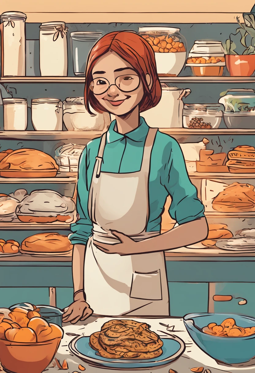 a girl with round glasses surrounding by food in kitchen, joyful, cartoon,short hair, round face seed:2164122919