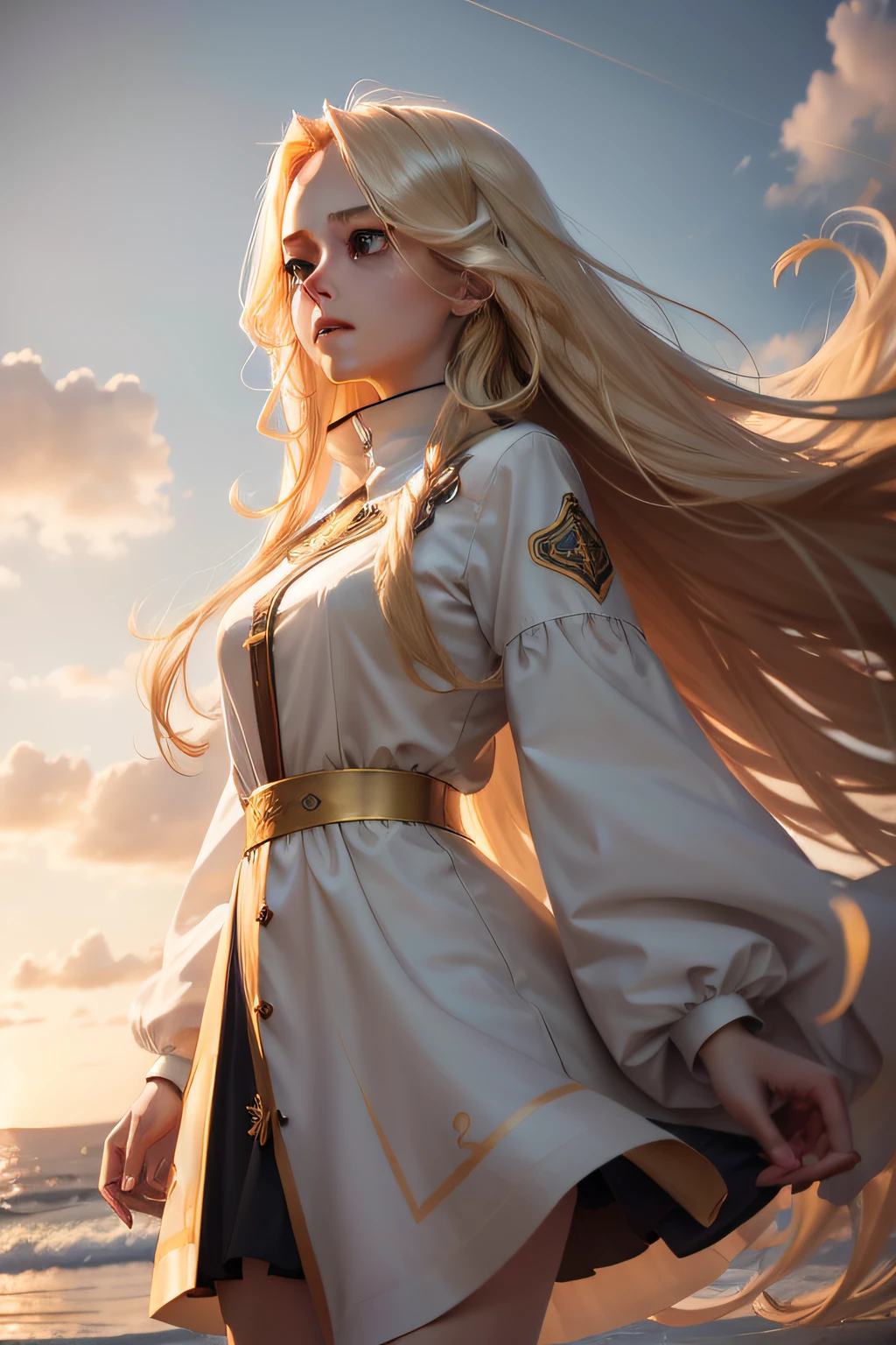Long blonde hair blown by the wind，Golden eyes，Holy Spirit，Suspended in the air，4K，ultra-realistic realism，teens girl，frontage，Magnificent