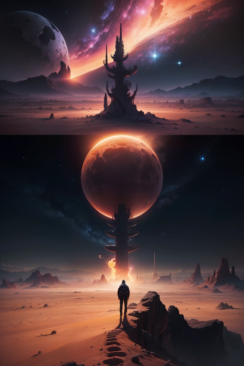 Strange man in black red bud shrub seedpod spaceship, lands on an alien desert planet with many oasis, every step he takes explodes in colored light and sound shockwaves, alien peoples greet him, dust sky of fluffy clouds colored by magentas blues and violets, 64k resolution photorealistic hyperdetailed beginning to see stars in the evening sky in the art style of 1970's sci-fi fiction paperback novels.