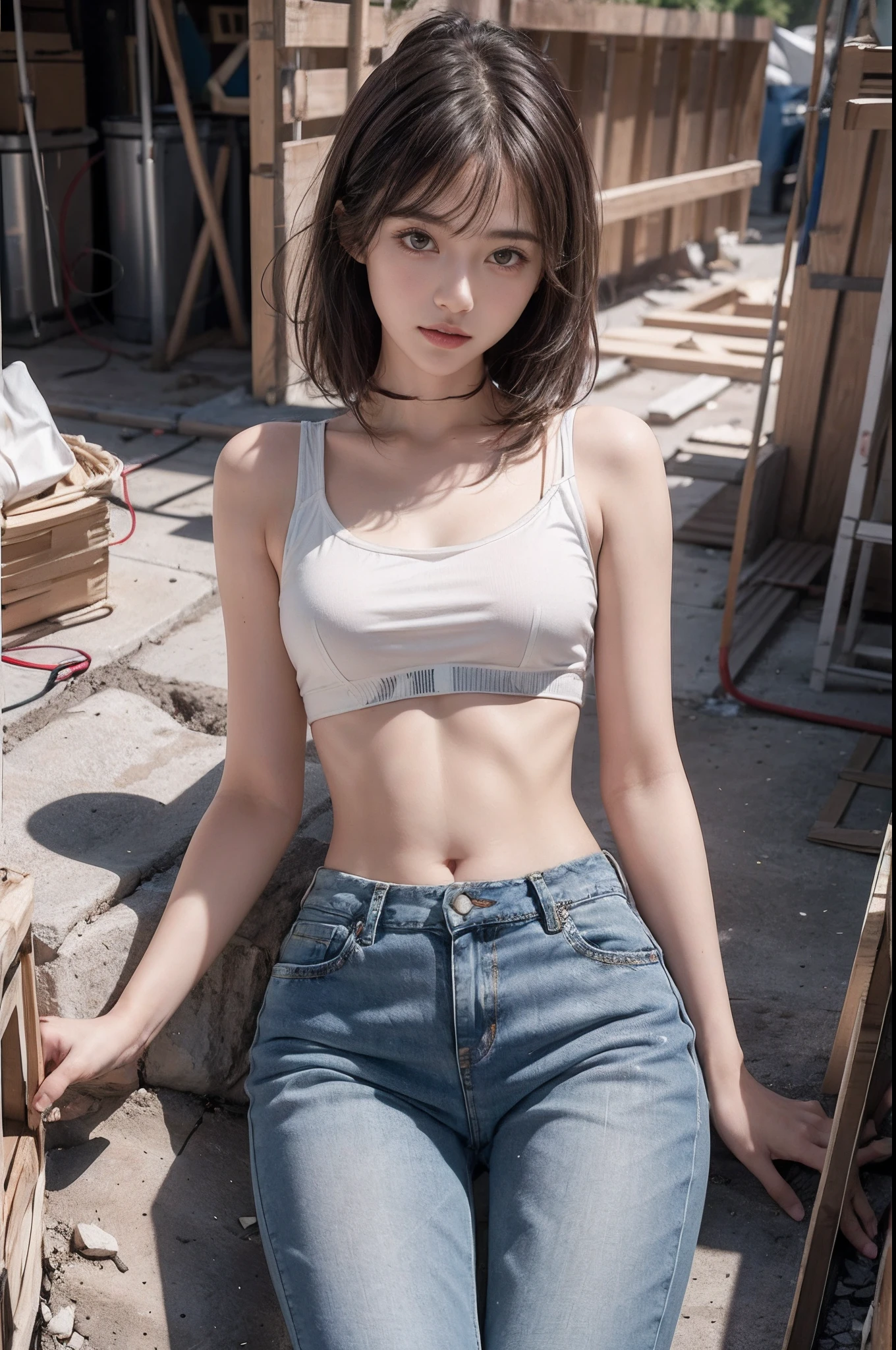 Girl in white bra and tight denim skirt posing for photo, full body, with cropped T-shirt, bra, slim body, smaller bust, slim girl model, 24-year-old female model, lying on the construction site, a group of black men onlooking