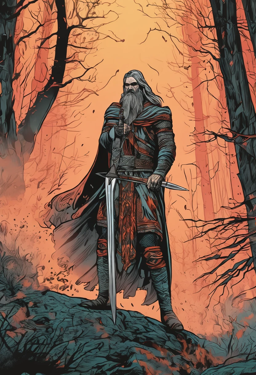 comic book. Radovan ancient slavic warrior with beard and long hair. standing in an ethereal forest. Fire and smoke. The dream landscape is a mesmerizing mix of reality and illusion, wrapped in a veil of darkness. Full body, Wide shot, high res, ultrasharp, 8K, masterpiece, looking at viewer