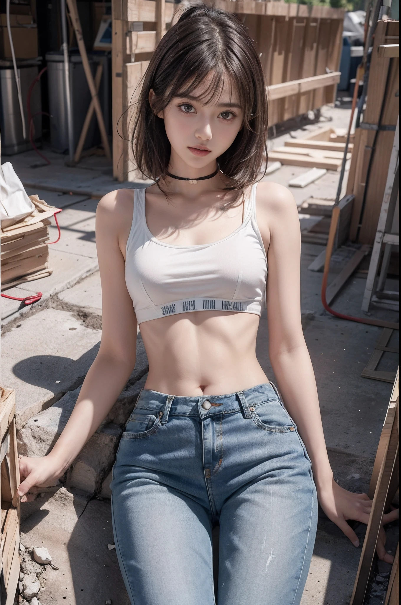 Girl in white bra and tight denim skirt posing for photo, full body, with cropped T-shirt, bra, slim body, smaller bust, slim girl model, 24-year-old female model, lying on the construction site, a group of black men onlooking