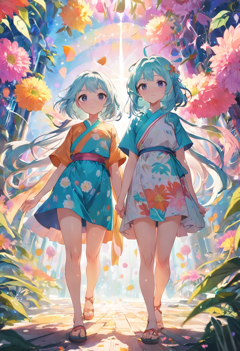absurderes、A high resolution、ultra - detailed、(2girls:1.4)、with floral pattern、komono、The hair of the flower is Zara、(There is a stick、soft)、 sunder 、Wooden stalls、Summer tradition。 sunder 、Create an image using a prism effect、Refractions light to create a colorful and kaleidoscope look。 sunder 、Design an image with a fisheye effect、Capture a wide field of view with a uniquely curved perspective。 sunder 、Use stipple painting to display images、Arrange the small color dots carefully、Create a cohesive and visually stunning whole。 sunder