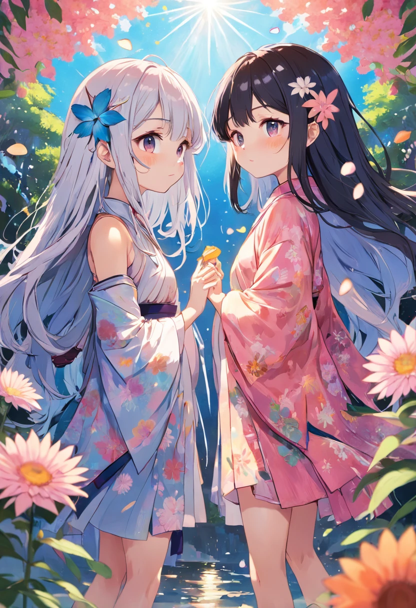 absurderes、A high resolution、ultra - detailed、(2girls:1.4)、with floral pattern、komono、The hair of the flower is Zara、(There is a stick、soft)、 sunder 、Wooden stalls、Summer tradition。 sunder 、Create an image using a prism effect、Refractions light to create a colorful and kaleidoscope look。 sunder 、Design an image with a fisheye effect、Capture a wide field of view with a uniquely curved perspective。 sunder 、Use stipple painting to display images、Arrange the small color dots carefully、Create a cohesive and visually stunning whole。 sunder