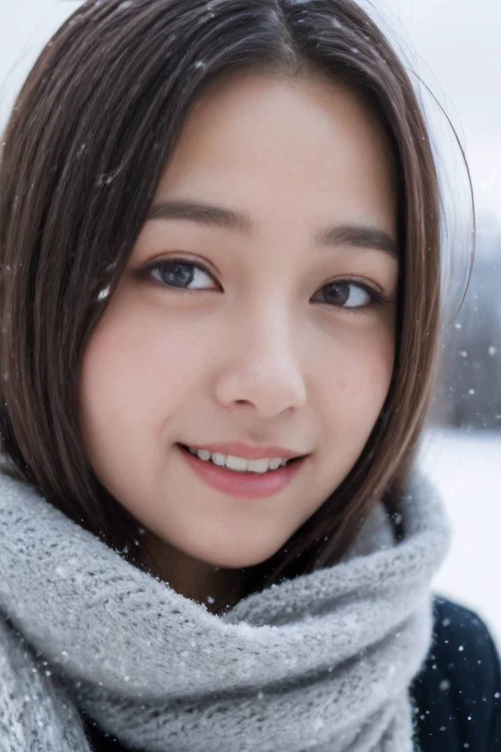 ((Show face only、Close-up of face))、(realisitic、Photorealsitic、ultra-detailliert、Highest Details Skins、top-quality、​masterpiece、超A high resolution)、Cute Japan Woman、sixteen years old、hi-school girl、younggirl、Thin makeup、1 girl in、I have bangs、二重まぶた、drooing eyes、ssmile、View here、Realistic skin type、Thick muffler、fluffy hair、snow mountains、Winters、The hair is on the scarf、Kamimei、Red cheeks、The wind is blowing、It's snowing