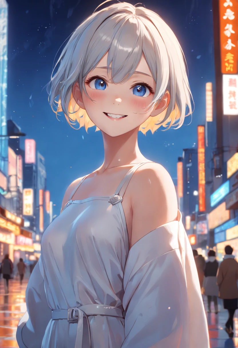 Masterpiece,Best quality,offcial art,Extremely detailed Cg Unity 8K wallpaper,1girll, 超高分辨率, (Photorealistic:1.4), ,Golden hour lighting, Sweater dress,(Upper body), (Kpop idol), (aegyo sal:1), (platinum short hair:0.8), ((Puffy eyes)), view the viewer, facing front, Smiling, Laughing,Medium breasts, Shirtlift, mitts,Short hair, ( Blue dog ears),