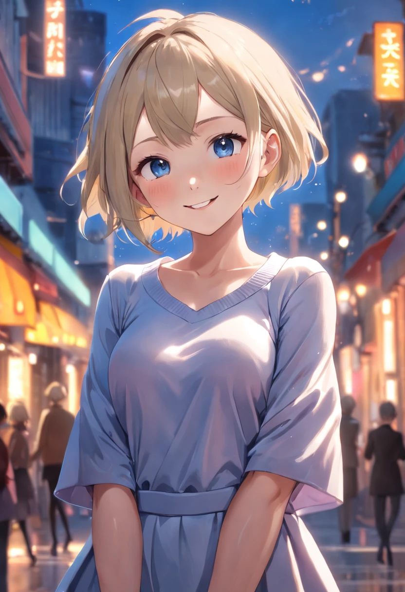 Masterpiece,Best quality,offcial art,Extremely detailed Cg Unity 8K wallpaper,1girll, 超高分辨率, (Photorealistic:1.4), ,Golden hour lighting, Sweater dress,(Upper body), (Kpop idol), (aegyo sal:1), (platinum short hair:0.8), ((Puffy eyes)), view the viewer, facing front, Smiling, Laughing,Medium breasts, Shirtlift, mitts,Short hair, ( Blue dog ears),