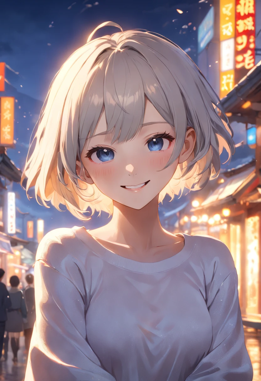 Masterpiece,Best quality,offcial art,Extremely detailed Cg Unity 8K wallpaper,1girll, 超高分辨率, (Photorealistic:1.4), ,Golden hour lighting, Sweater dress,(Upper body), (Kpop idol), (aegyo sal:1), (platinum short hair:0.8), ((Puffy eyes)), view the viewer, facing front, Smiling, Laughing,Medium breasts, Shirtlift, mitts,Short hair, ( Blue dog ears),