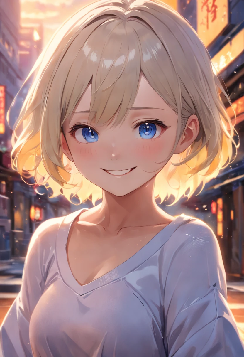 Masterpiece,Best quality,offcial art,Extremely detailed Cg Unity 8K wallpaper,1girll, 超高分辨率, (Photorealistic:1.4), ,Golden hour lighting, Sweater dress,(Upper body), (Kpop idol), (aegyo sal:1), (platinum short hair:0.8), ((Puffy eyes)), view the viewer, facing front, Smiling, Laughing,Medium breasts, Shirtlift, mitts,Short hair, ( Blue dog ears),