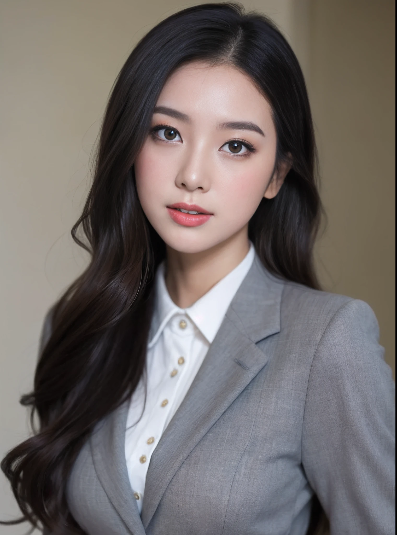 (RAW photogr:1.2),The highest quality, 超高分辨率, Woman in gray suit,Female anchor of news