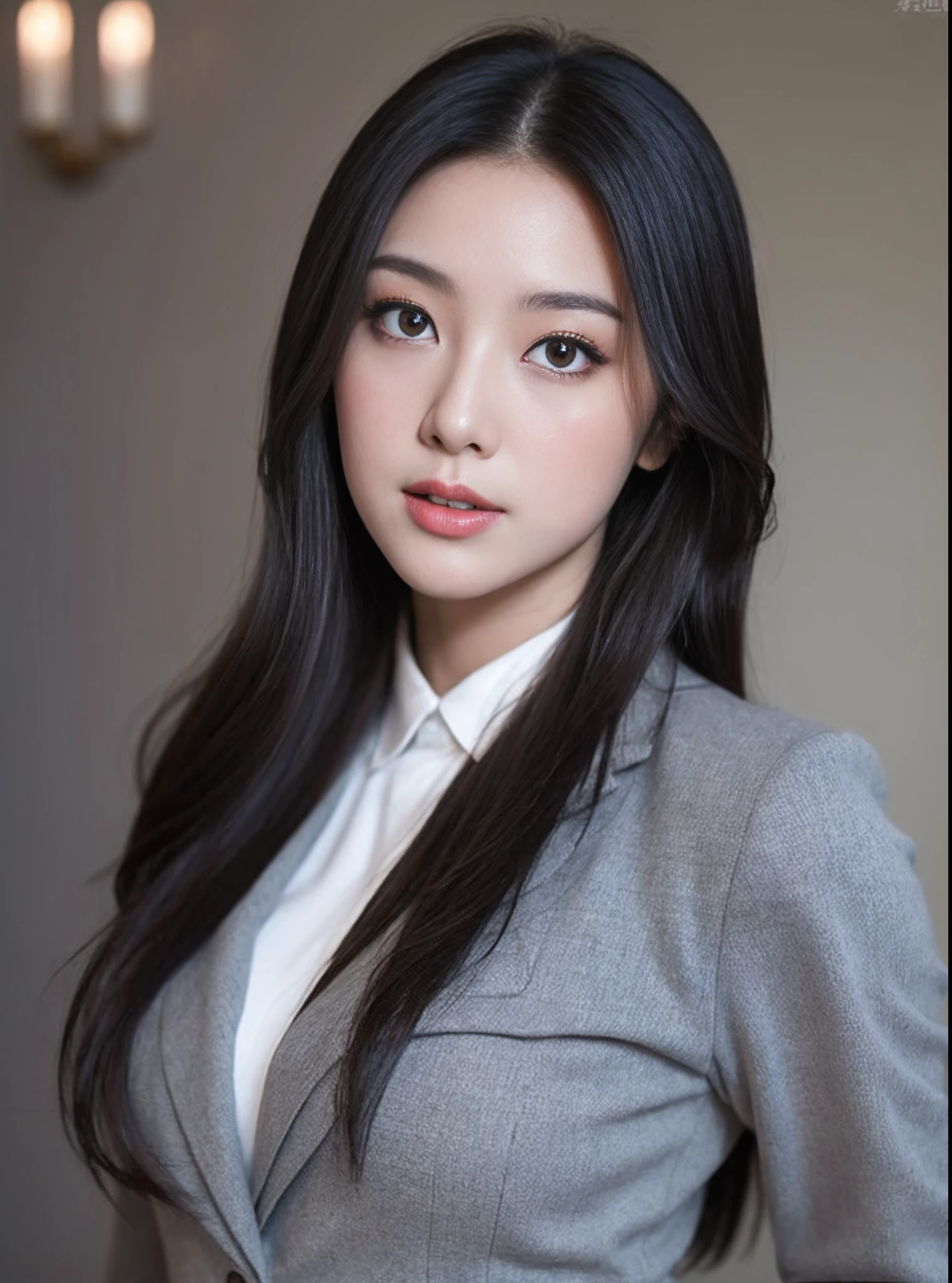 (RAW photogr:1.2),The highest quality, 超高分辨率, Woman in gray suit,Female anchor of news