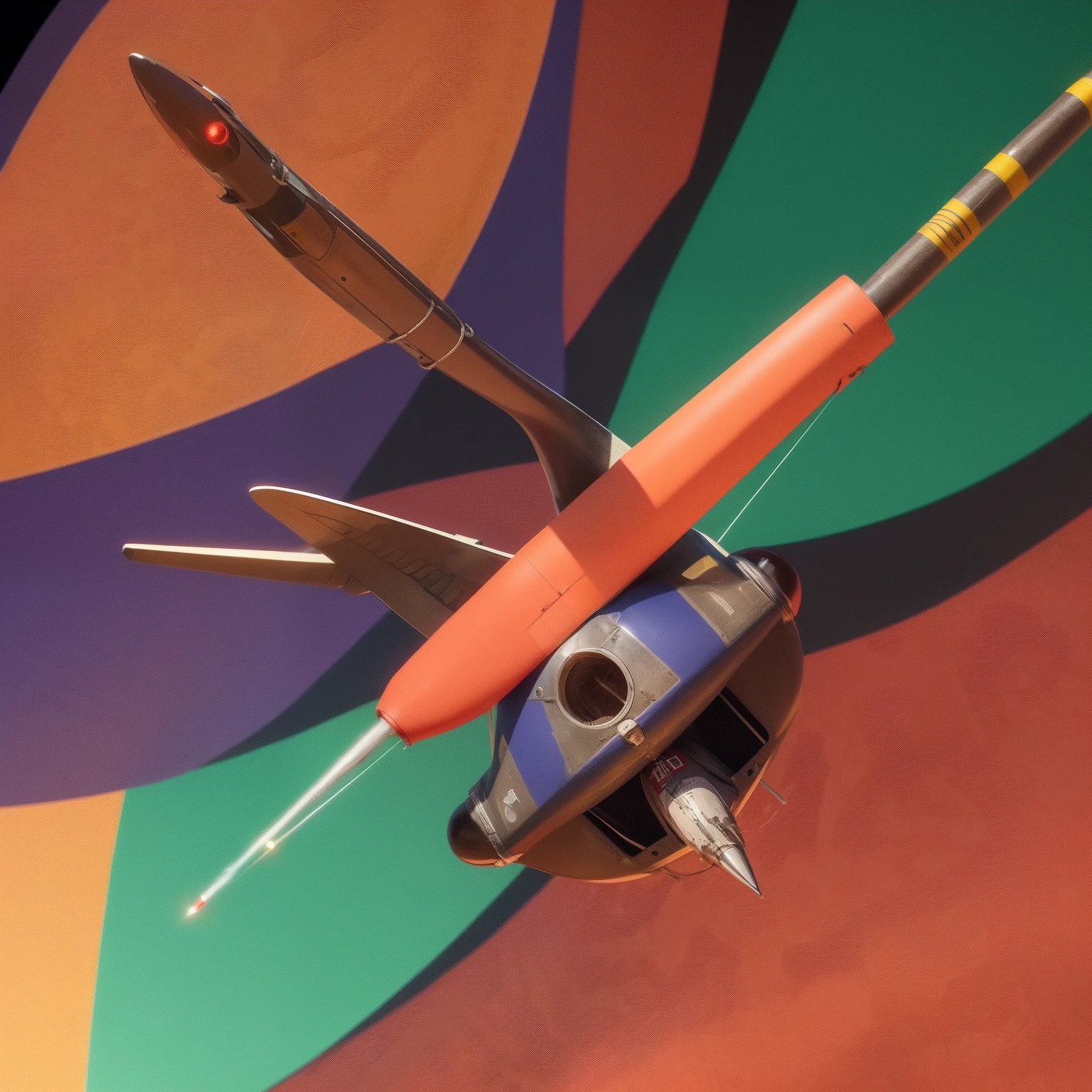 Flying penis, wings, jet motors, long shaft with portholes, red, green, blue, yellow, orange, purple, indigo, head, long hanging balls in a sack with hair, pubic hair