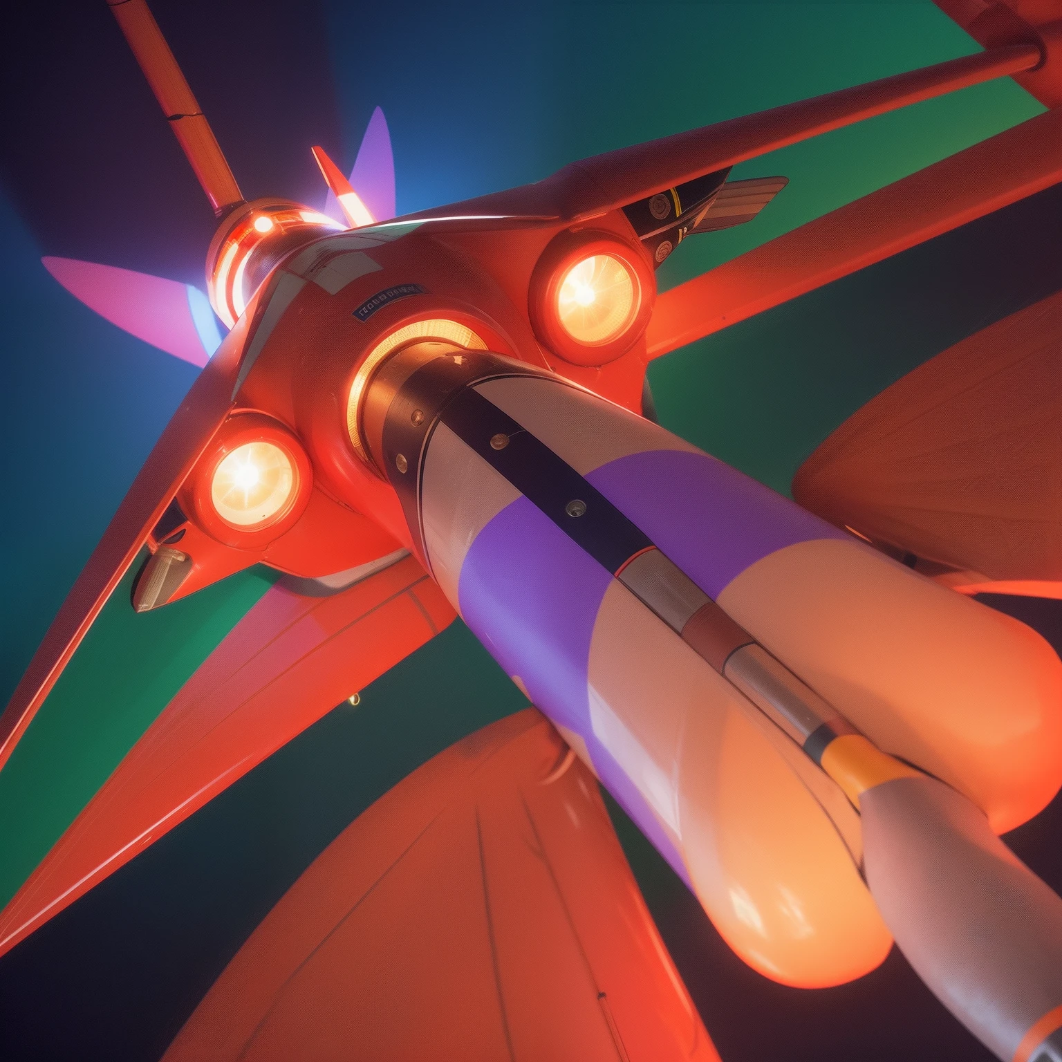 Flying penis, wings, jet motors, long shaft with portholes, red, green, blue, yellow, orange, purple, indigo, head, long hanging balls in a sack with hair, pubic hair