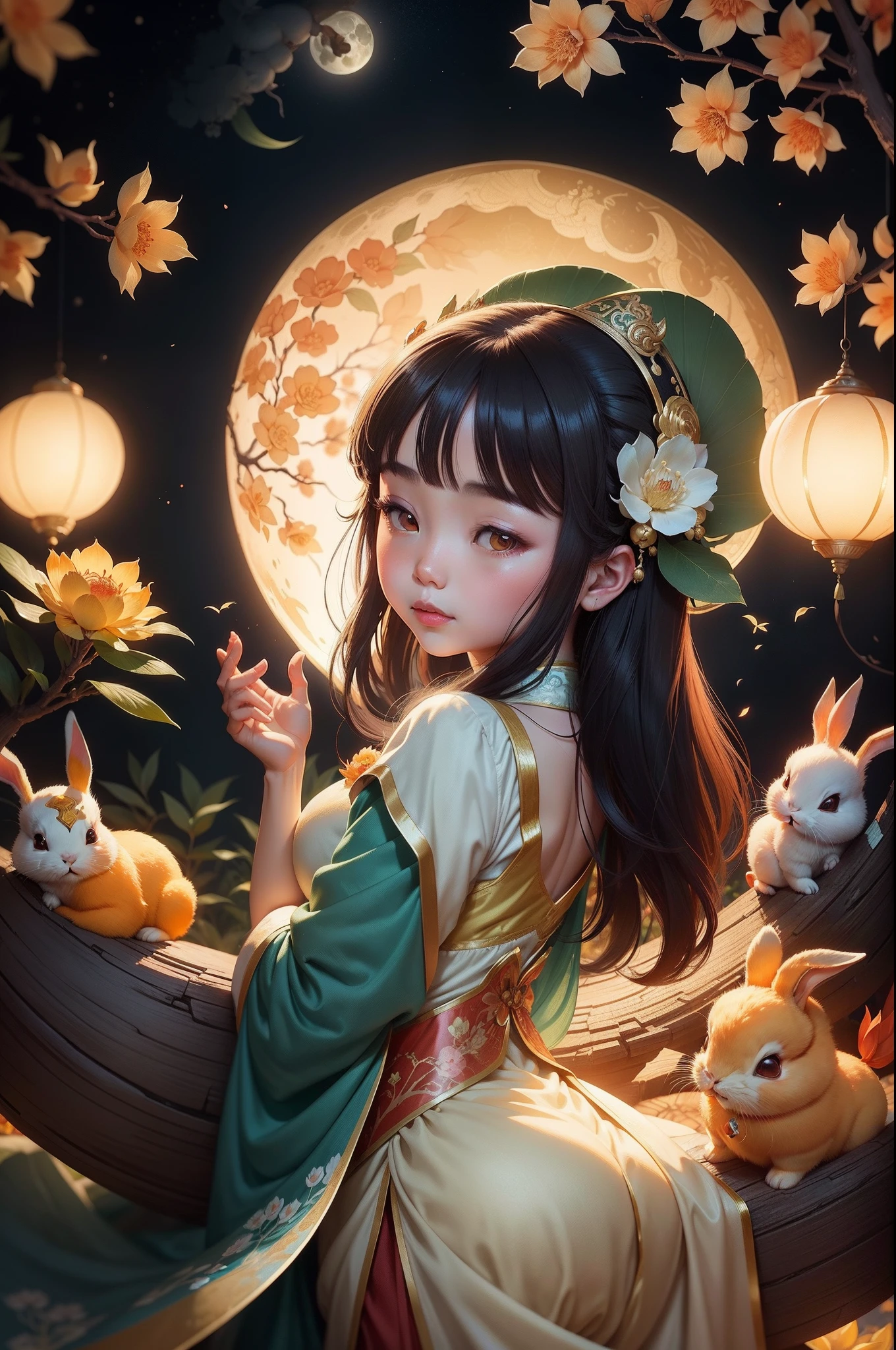 Beautiful Chang'e fairy,Under the osmanthus tree,A small number of cute bunnies,warm color,Chinese Gongbi Painting,Full moon background,Produced by Victo Ngai China ChicCartoon,divino,A high resolution,8K