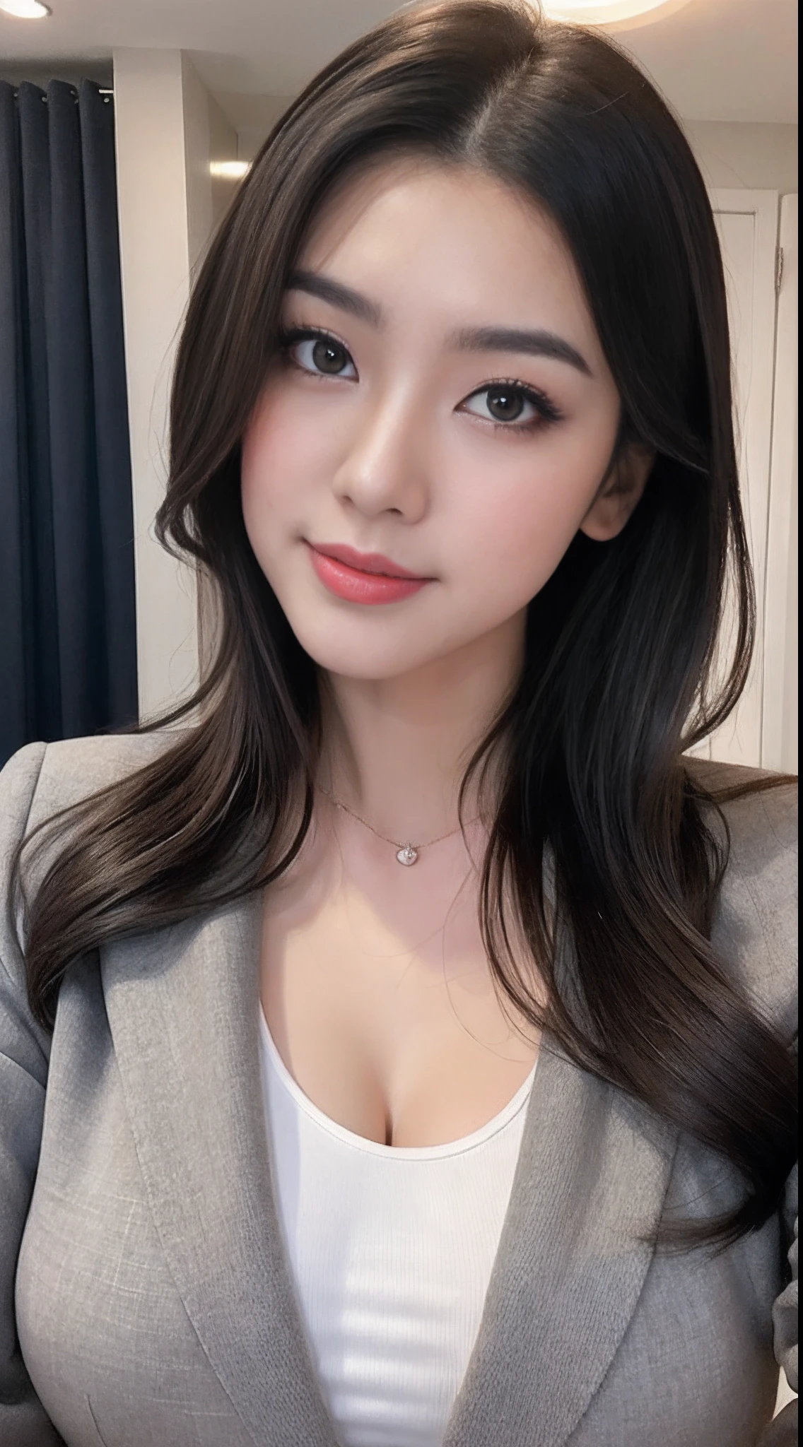 (RAW photogr:1.2),The highest quality, 超高分辨率, Woman in gray suit,Female anchor of news