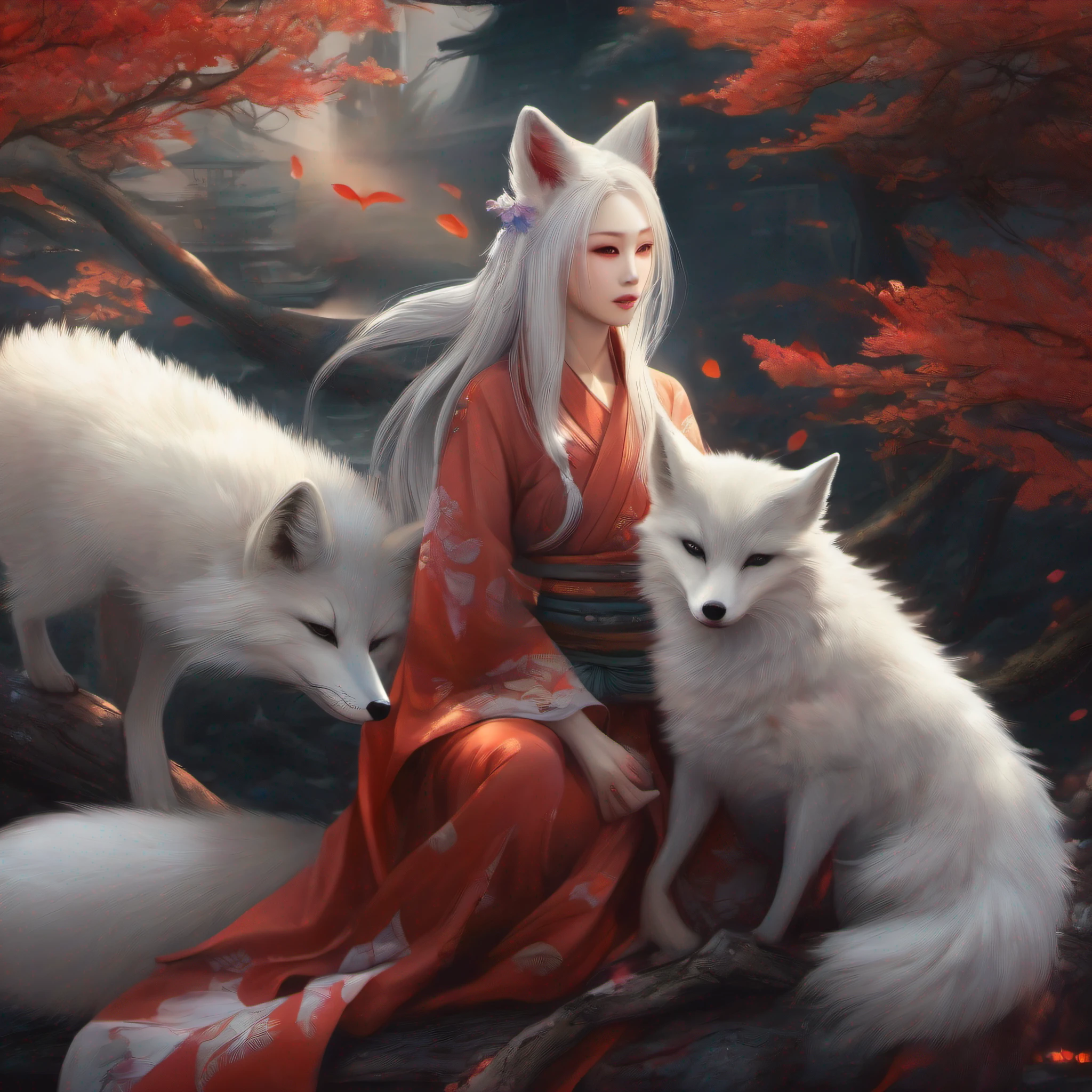 send,tmasterpiece,beautifuldetails,Extremely colorful,Exquisite details,Delicate lips,The details are complex,Realiy,Ultra photo realsisim,A girl and a white-haired fox sit on a branch:1.1,Raised sexy,seductiv,ethereal fox,nine tail fox,Fox three-tailed fox,Onmyoji detailed art,Nine tails,A beautiful artwork illustration,mythological creatures,red fox,Beautiful digital artwork,Exquisite digital illustration,mizutsune , Inspired by the mythical creature wildnet,Digital art on Pixiv,strong lights,hight contrast,Horror movie theme,Dark atmosphere