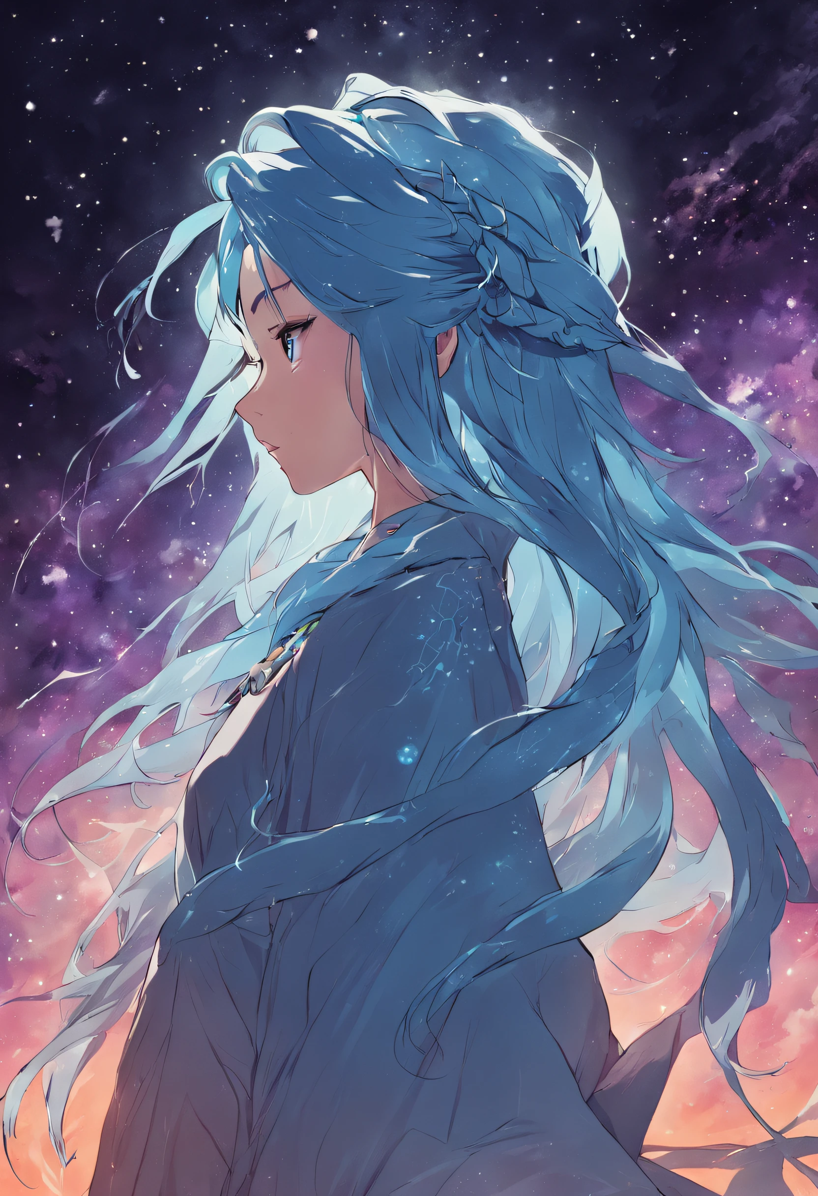female cosmic druid with long flowing blue gradient hair