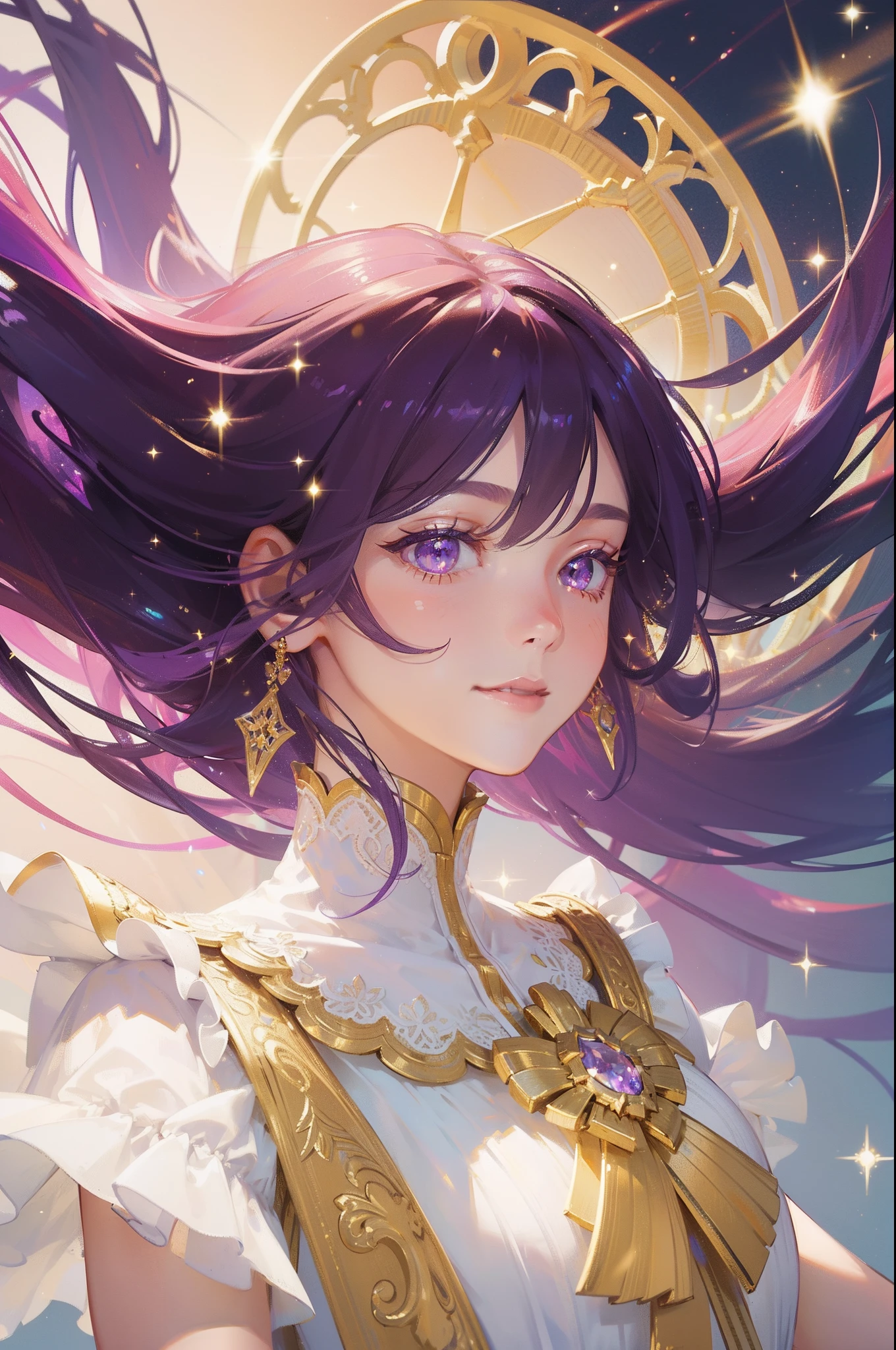 masterpiece, best quality, beautiful detailed hair detailed face, perfect feminine face, big almond-shape eyes, smile, happy, a beautiful and cute girl with sparkling and glowing purple hair, jewelry, golden ornament, frills, lace, (close-up potrait:1.2), floating hair by wind, (sparkle particle), lens flare, sharp focus, volumetric lighting