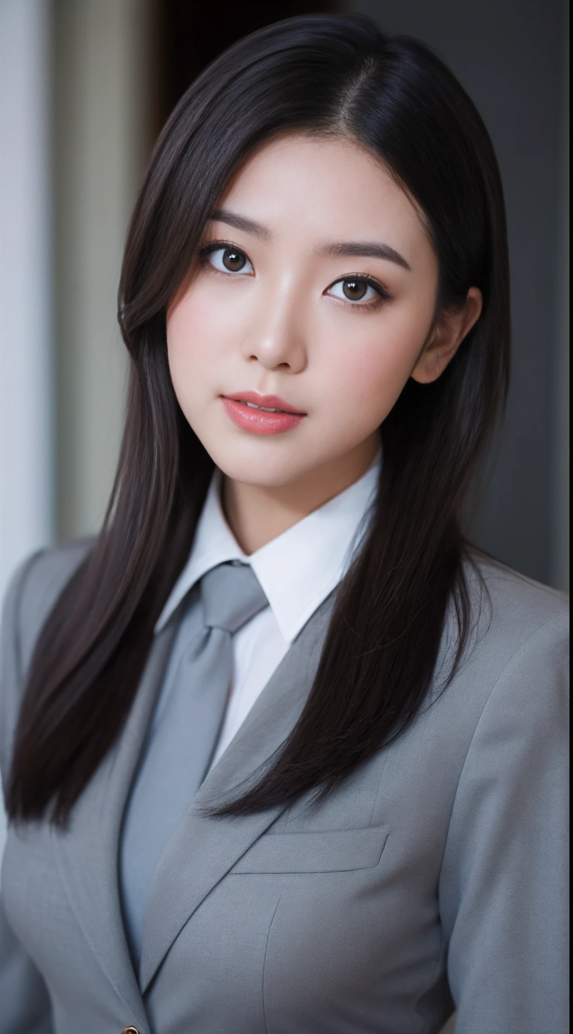 (RAW photogr:1.2),The highest quality, 超高分辨率, Woman in gray suit,Female anchor of news