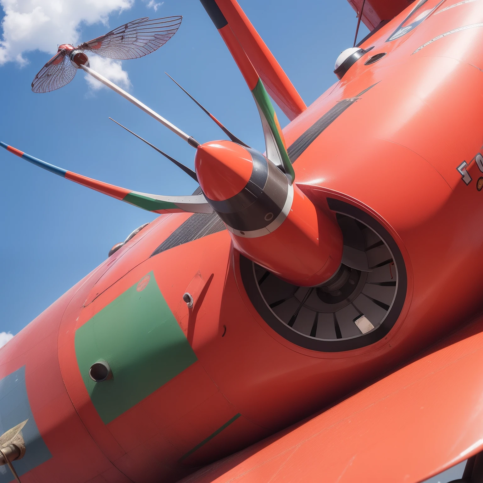 Mosquito Flying penis, wings, jet motors, long shaft with portholes, red, green, blue, yellow, orange, purple, indigo, head, long hanging balls in a sack with hair, pubic hair