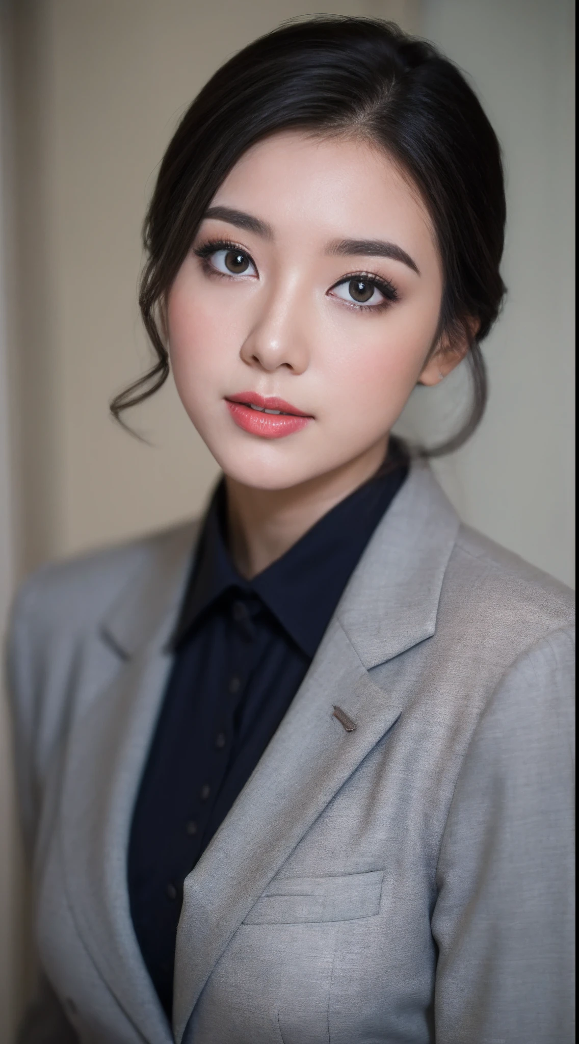 (RAW photogr:1.2),The highest quality, 超高分辨率, Woman in gray suit,Female anchor of news,Fundo sala de estar