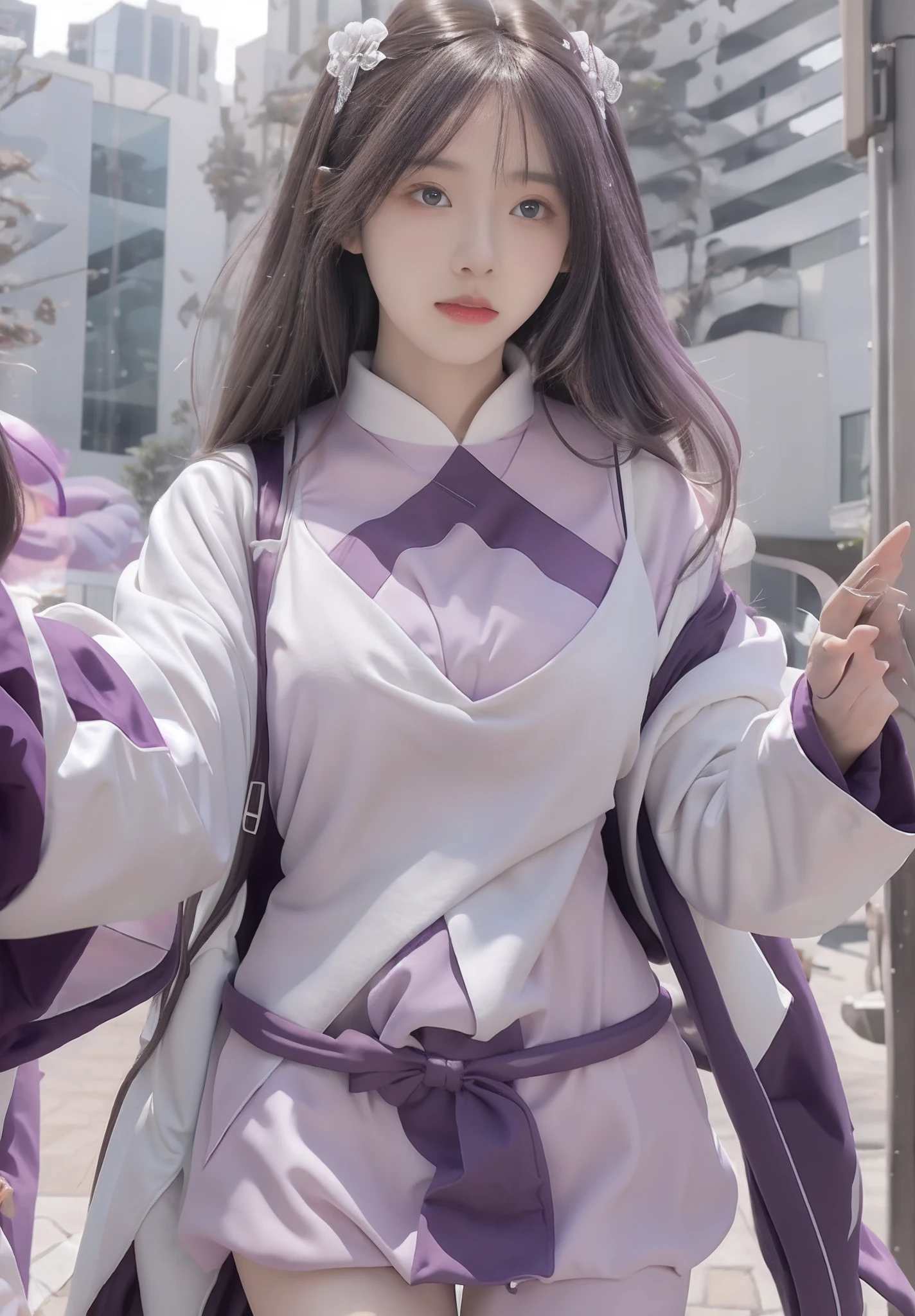 Anime girls pose for photos in white and purple clothes, Anime girl cosplay, full body white purple cloak, purple eyes and white dress, Anime cosplay, full body purple and white cloak, dressed with long fluent clothes, sakimichan, cosplay foto, cosplay, Anime girl in real life, white and purple, full-cosplay, White Hanfu,Hair,White hair color,long white hair