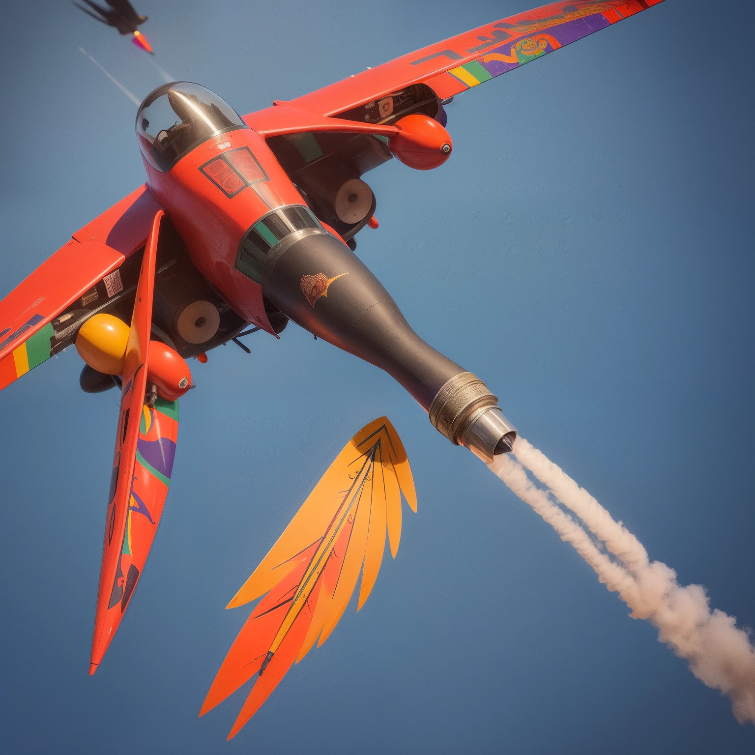 Flying penis, wings, jet motors, long shaft with portholes, red, green, blue, yellow, orange, purple, indigo,  head, long hanging balls in a sack with hair, pubic hair