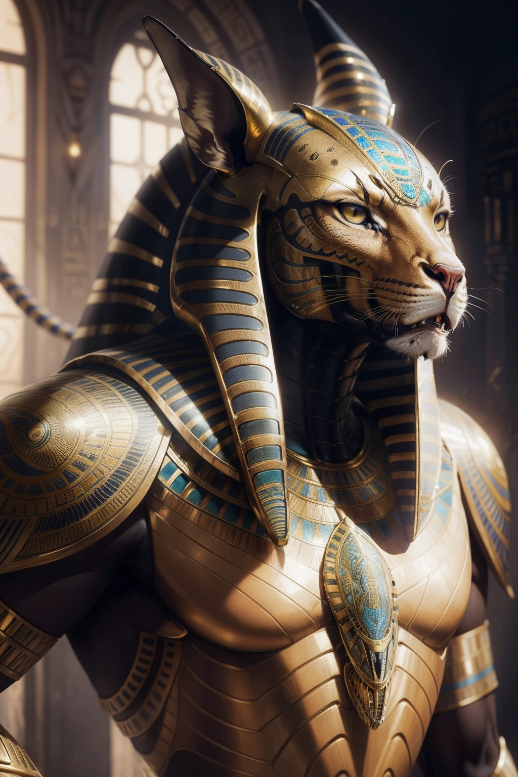 Biological machines:1.3, (Egyptian predator:1.2), (coloring:1.2), golds, golds, hans giger, (zentangle:1.2), granulated, extremely detaile, intricately details, Dynamic lighting, Fotorrealista, natural soft light, Low H, tmasterpiece, Detailed 8K