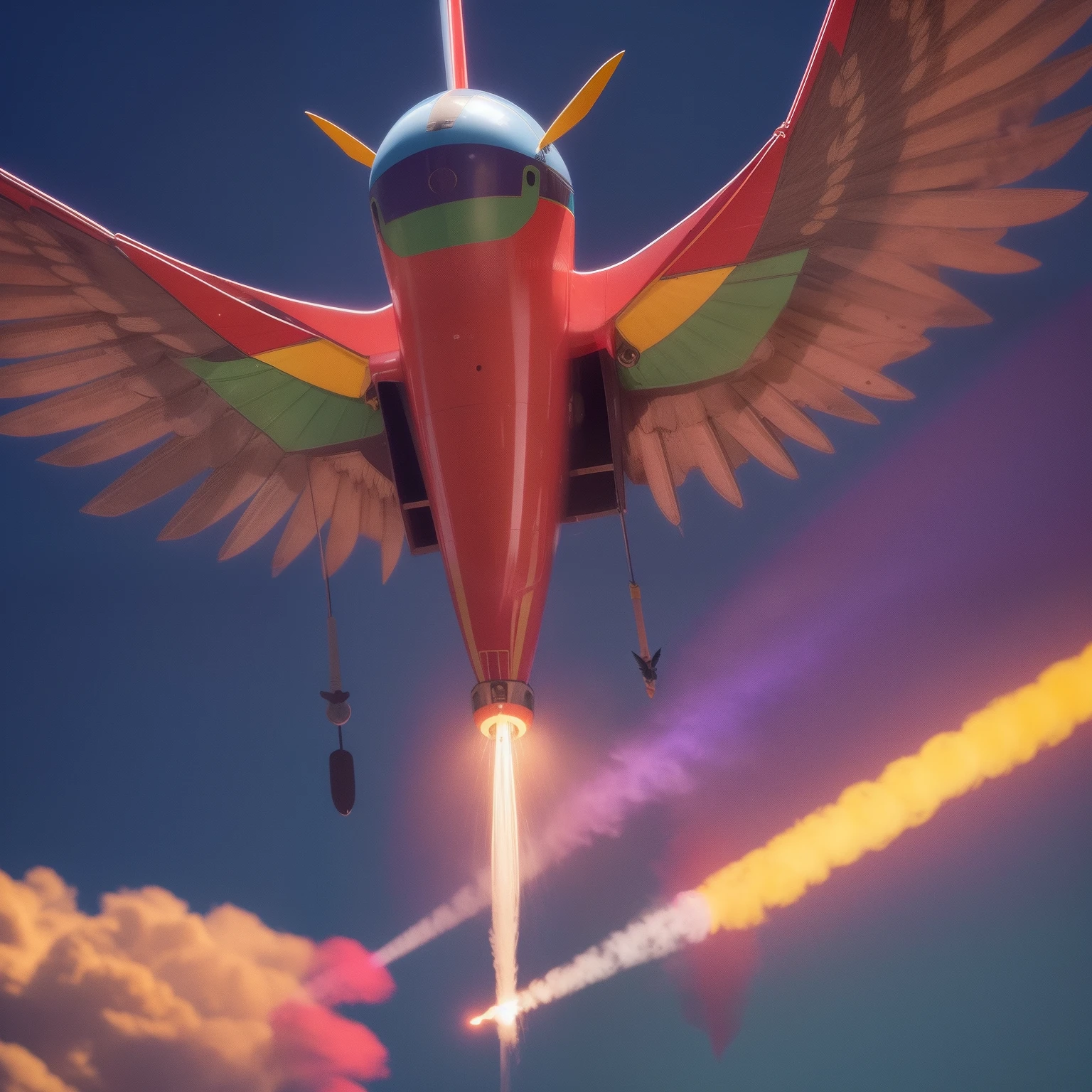 Flying penis, wings, jet motors, long shaft with portholes, red, green, blue, yellow, orange, purple, indigo, head, long hanging balls in a sack with hair, pubic hair