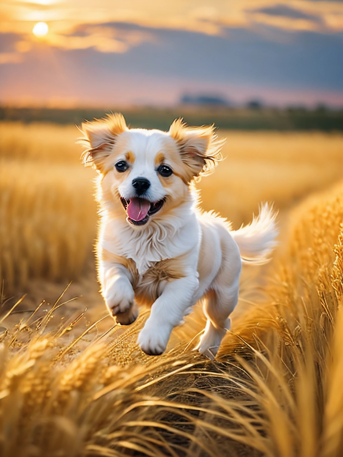 Photo of a very cute puppy running in a golden wheat field, facing the camera, showing his tongue and smiling, sunset sky, white clouds, soft volumetric light, (backlight: 1.3), (movie: 1.2), intricate details, (ArtStation: 1.3), Rutkowski