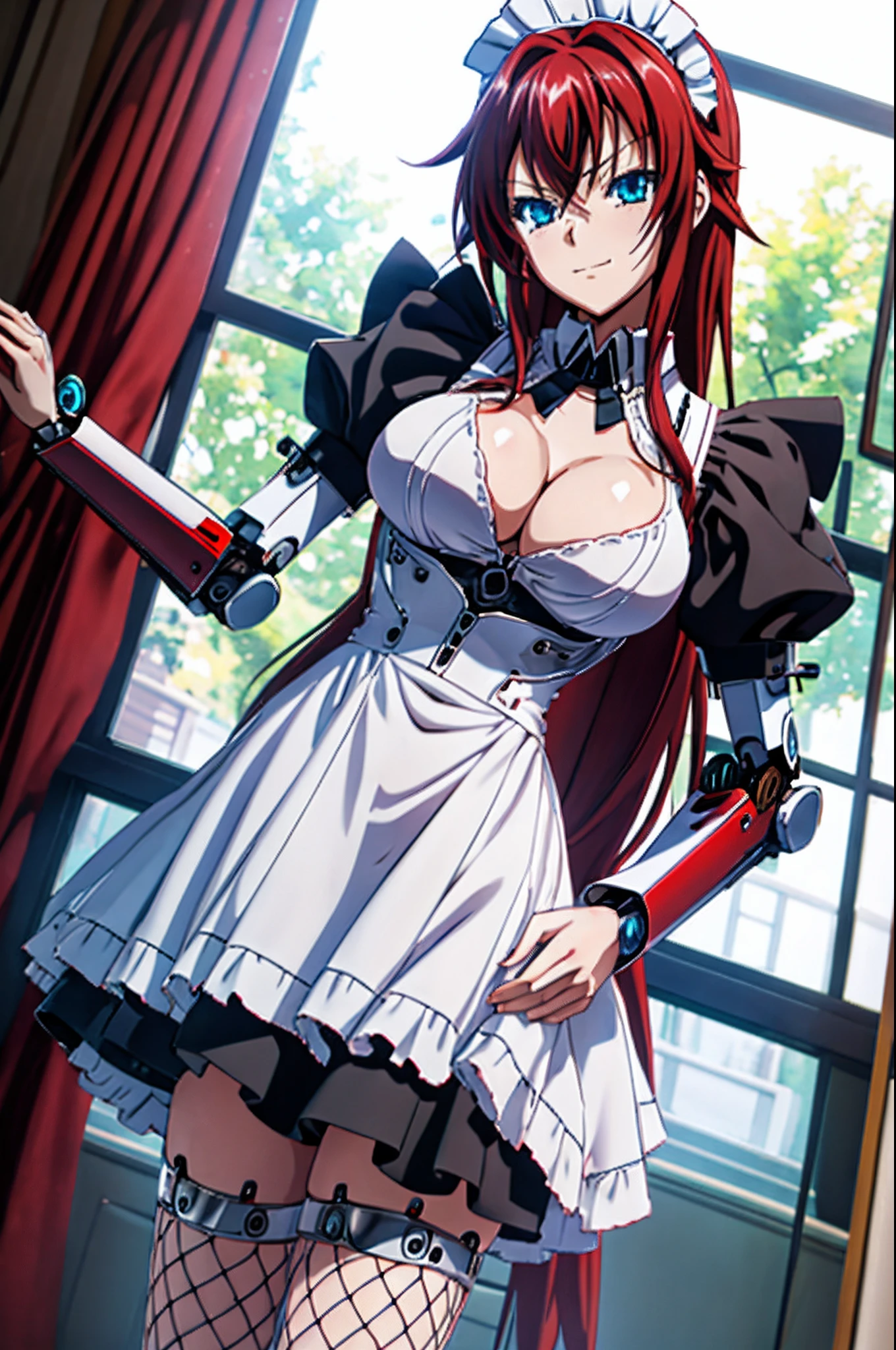 1 girl, solo, close_up, low_angle, Rias Gremory, android, robotic maid, maid_dress, low angle, smug pose, smug expression, large breasts, V-neck, boob window, leg fishnets