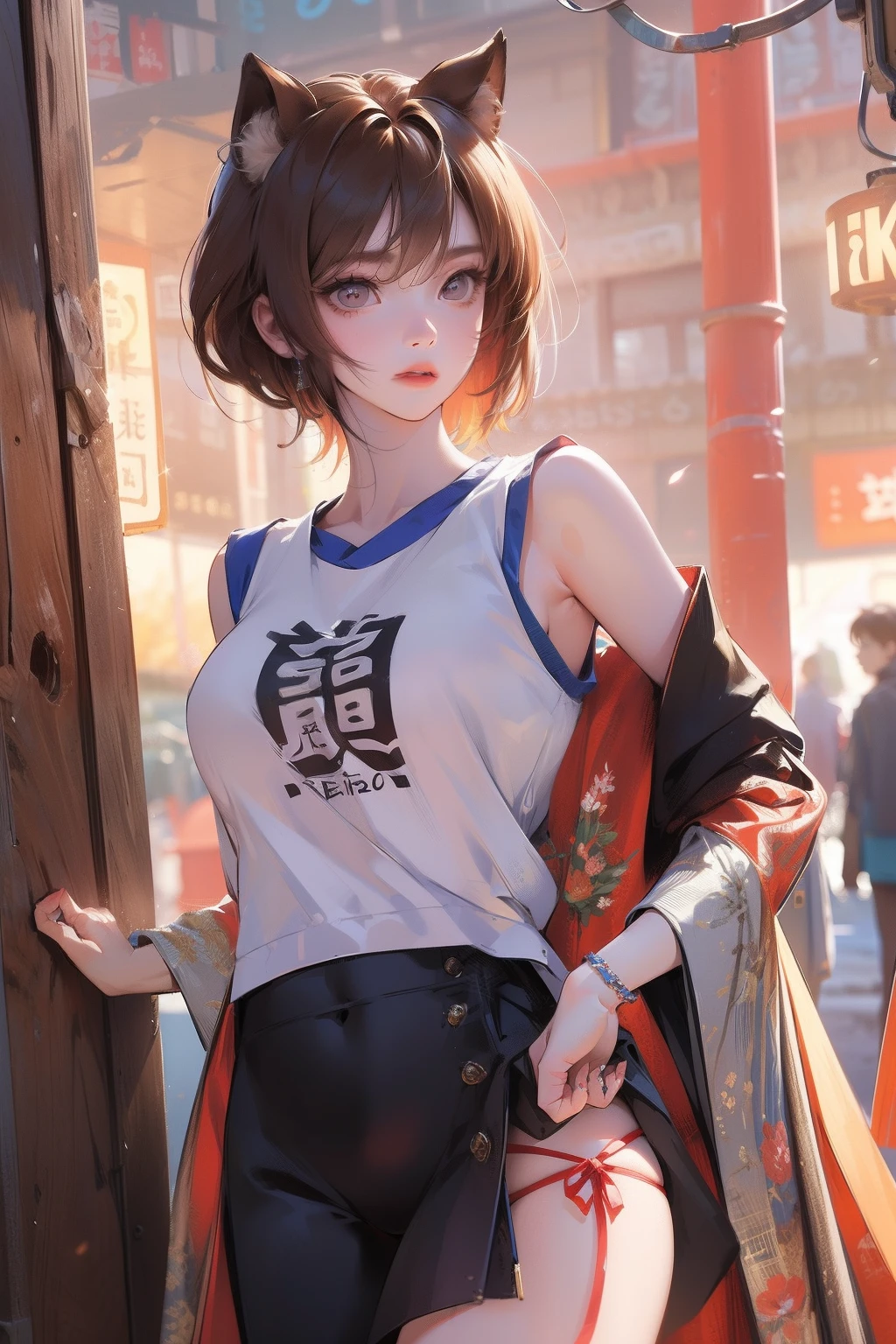 ((8K:1.27)、最好质量、tmasterpiece、超高分辨率:1.2)photo beautiful Japanese woman(Deleite para la vista:1.1) (tee shirt:1.21) designs:Gregg Lutkowski and Alphonse Mucha have intricate elegance、fanciful、the detail、Geometry、Gradient lighting、1girl in、Delicate skin、looking at viewert、with brown eye、(Short hair with bangs:1.2)、(the breasts are large:1.0)、(middle areolae:0.8)、(hentail realism:1.4)、(最好质量:1.0)、(超高分辨率:1.0)、8K、RAW photography、(tmasterpiece:0.2)、(PureErosFace_V1:0.5)、 Lightweight sleeveless T-shirt、pantie、Semai construction site、is shy、Outdoor exposure、Twist the skirt yourself、Show panties、Futomo、Embarrassing、Show yourself panties、troubled look、