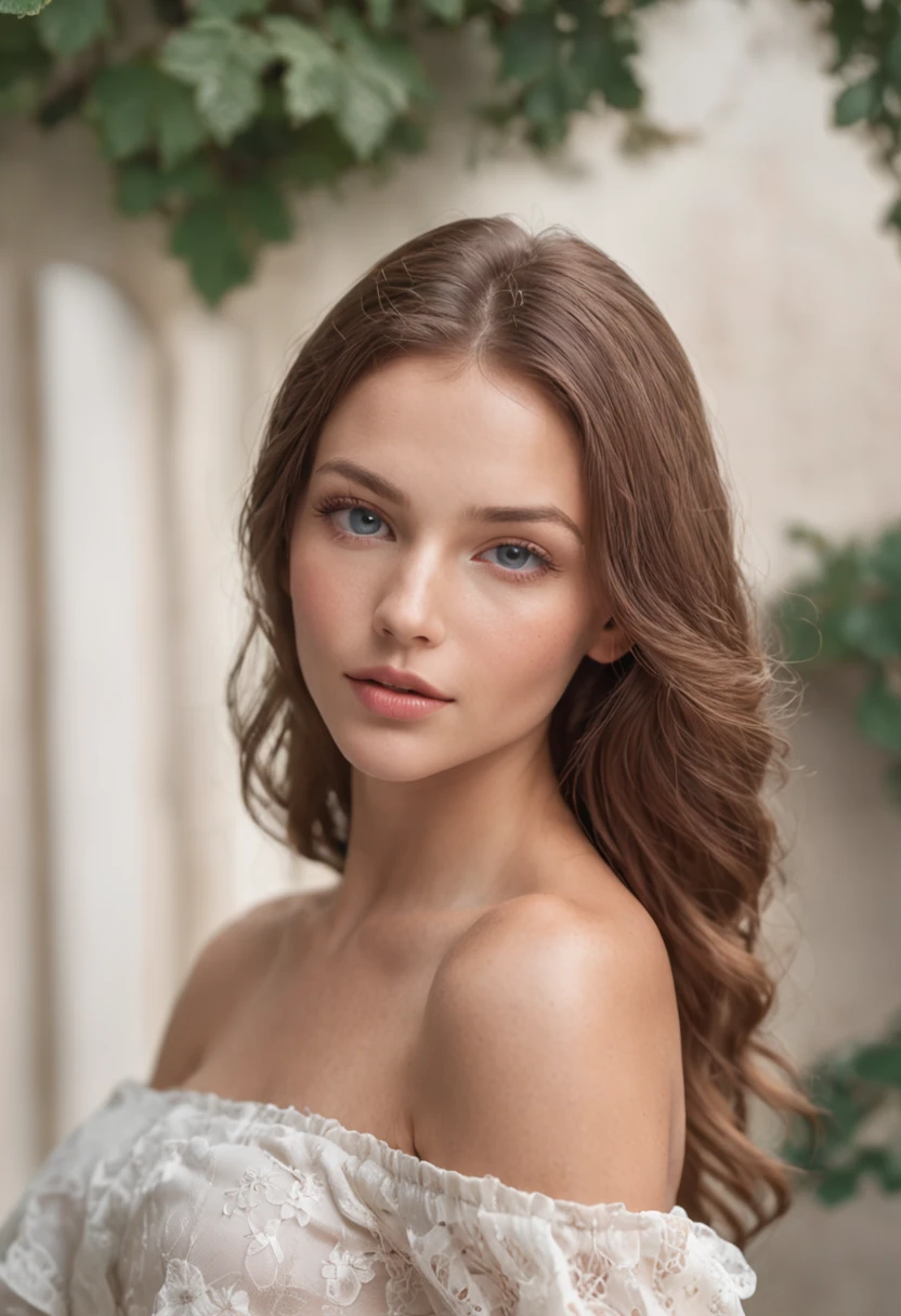 A breathtaking photograph of a European woman with a mesmerizing face structure,Big natural lips, light blue eyes, and a radiant tan complexion, her brown hair radiating a captivating aura of beauty. ultra reality high quality