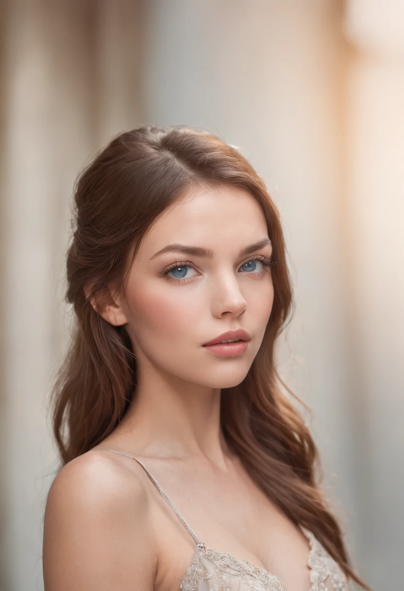 A breathtaking photograph of a European woman with a mesmerizing face structure,Big natural lips, light blue eyes, and a radiant tan complexion, her brown hair radiating a captivating aura of beauty. ultra reality high quality