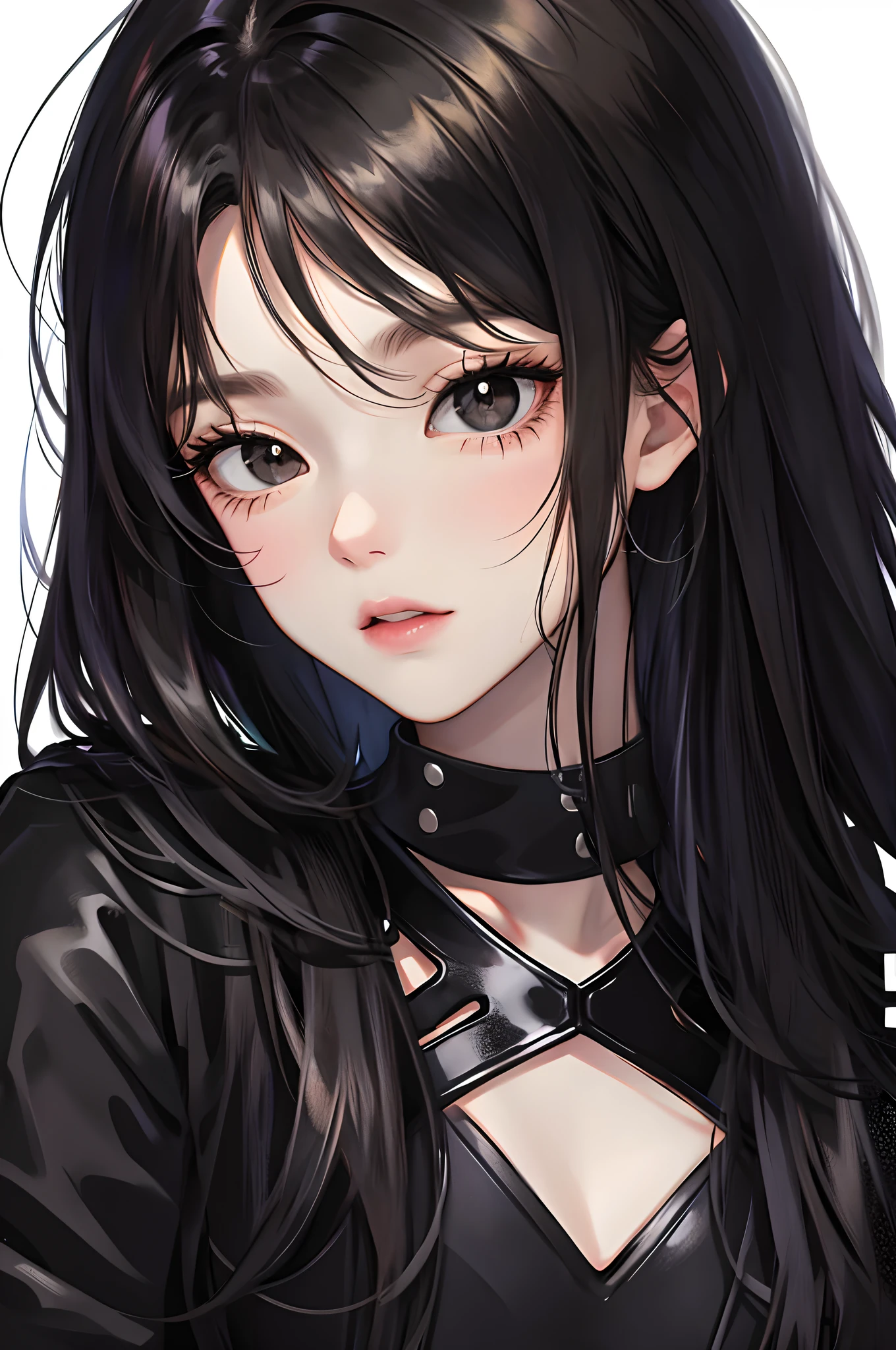 Close-up, anime girl, black and long hair, black eyes, black clothes, white background