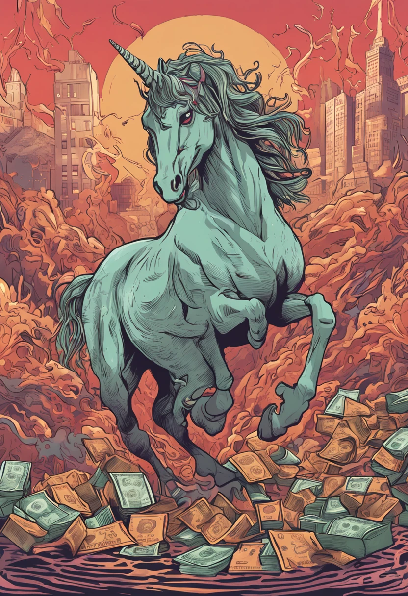 Majestic illustration of a fierce fire unicorn devouring money。