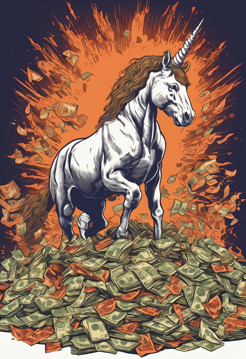 Majestic illustration of a fierce fire unicorn devouring money。