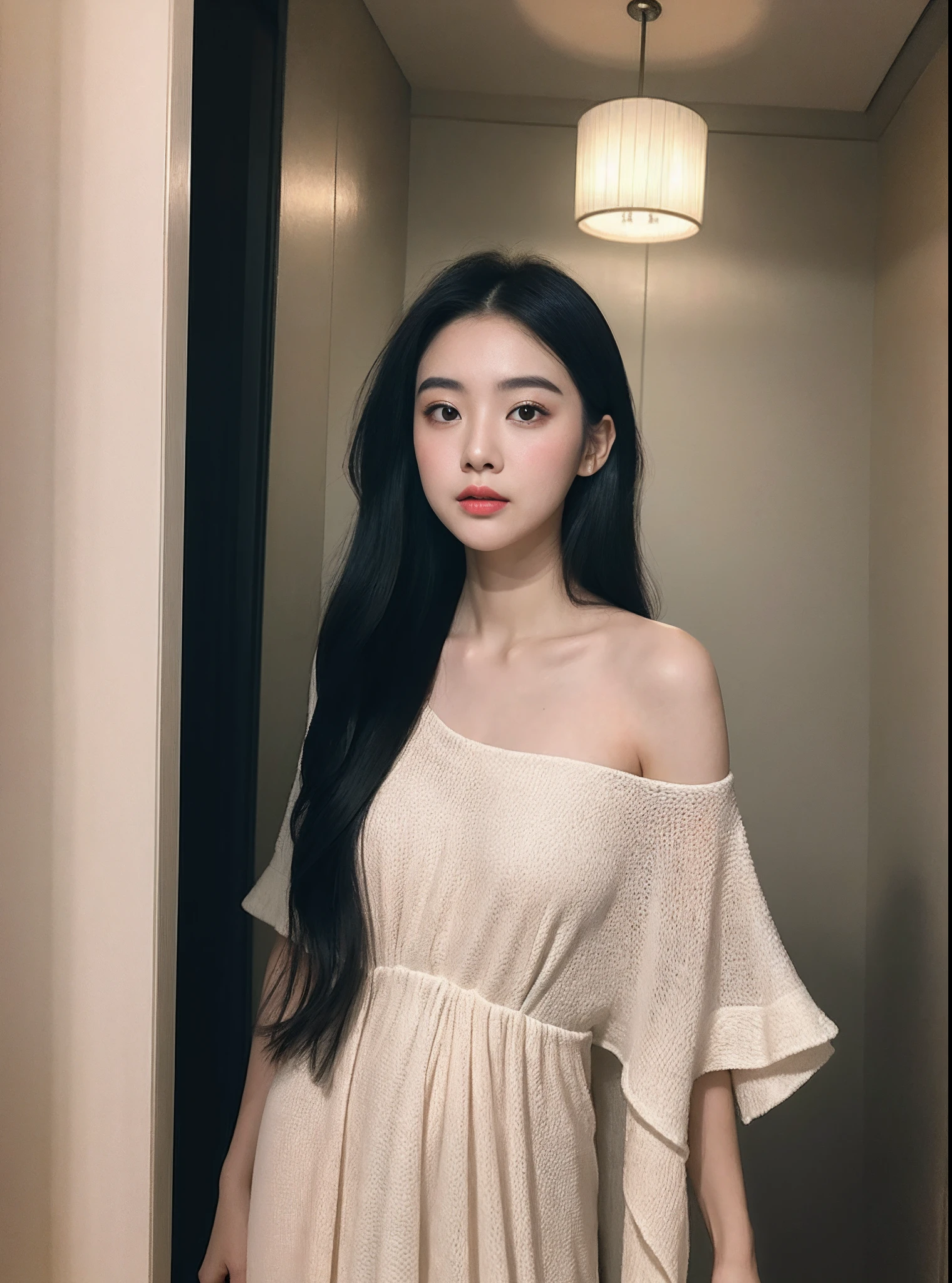 (RAW photogr:1.2),The highest quality, 超高分辨率, 25 year old girl in the bathroom Description:A young 25-year-old girl,is wearing dress,Stand in the bathroom。Her long hair was draped over her shoulders,Skin is tender and smooth,Heavy makeup。