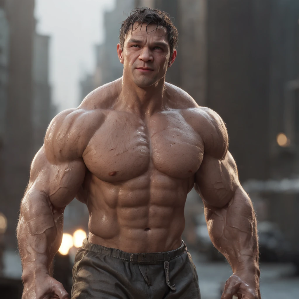 (professional 3d render:1.3) af (Realistic:1.3) most beautiful artwork photo in the world，Features the soft and shiny male hero Hulk, ((Epic hero fantasy muscle man rough wet hero smiling short hair kind expression in dynamic pose, Fantastic location, Majestic cluttered environment)), Full body 8K unified rendering, action  shot, skin pore, very dark lighting, heavyshading, Detailed, Detailed face, (vibrant, photograph realistic, Realistic, Dramatic, Dark, Sharp focus, 8K), (Intricate:1.4), (Highly detailed:1.4), Digital painting, rendering by octane, art  stations, concept-art, smooth, Sharp focus, illustration, Art germ, (loish:0.23), wlop ilya kuvshinov, and greg rutkowski and alphonse mucha gracias, (Global illumination, Studio light, volumettic light), particles floating, lotr, fantasy, elf, full bodyesbian, ((Dark and ancient city background:1.3)),CGSesociety,art  stations