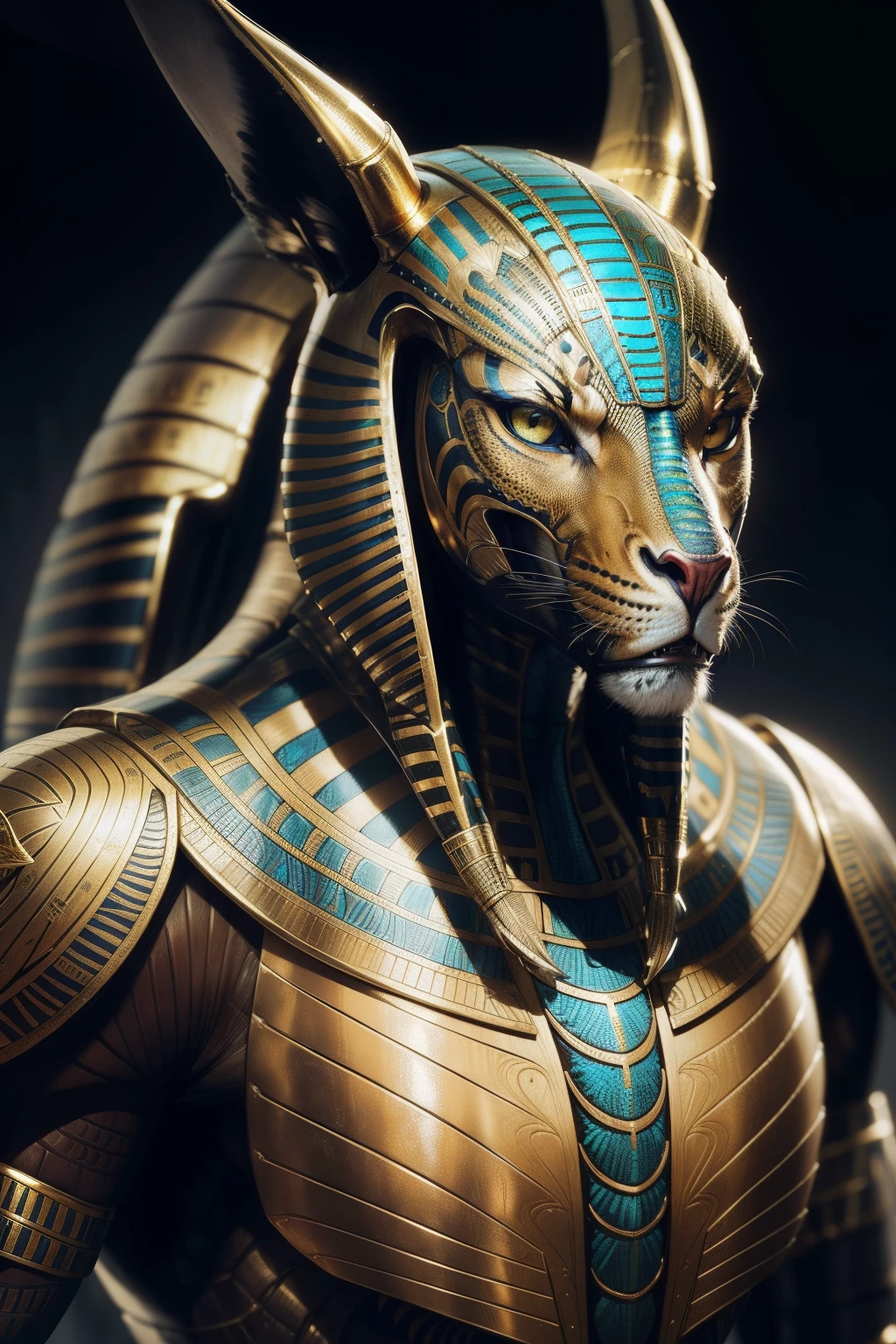 Biological machines:1.3, (Egyptian predator:1.2), (coloring:1.2), golds, golds, hans giger, (zentangle:1.2), granulated, extremely detaile, intricately details, Dynamic lighting, Fotorrealista, natural soft light, Low H, tmasterpiece, Detailed 8K
