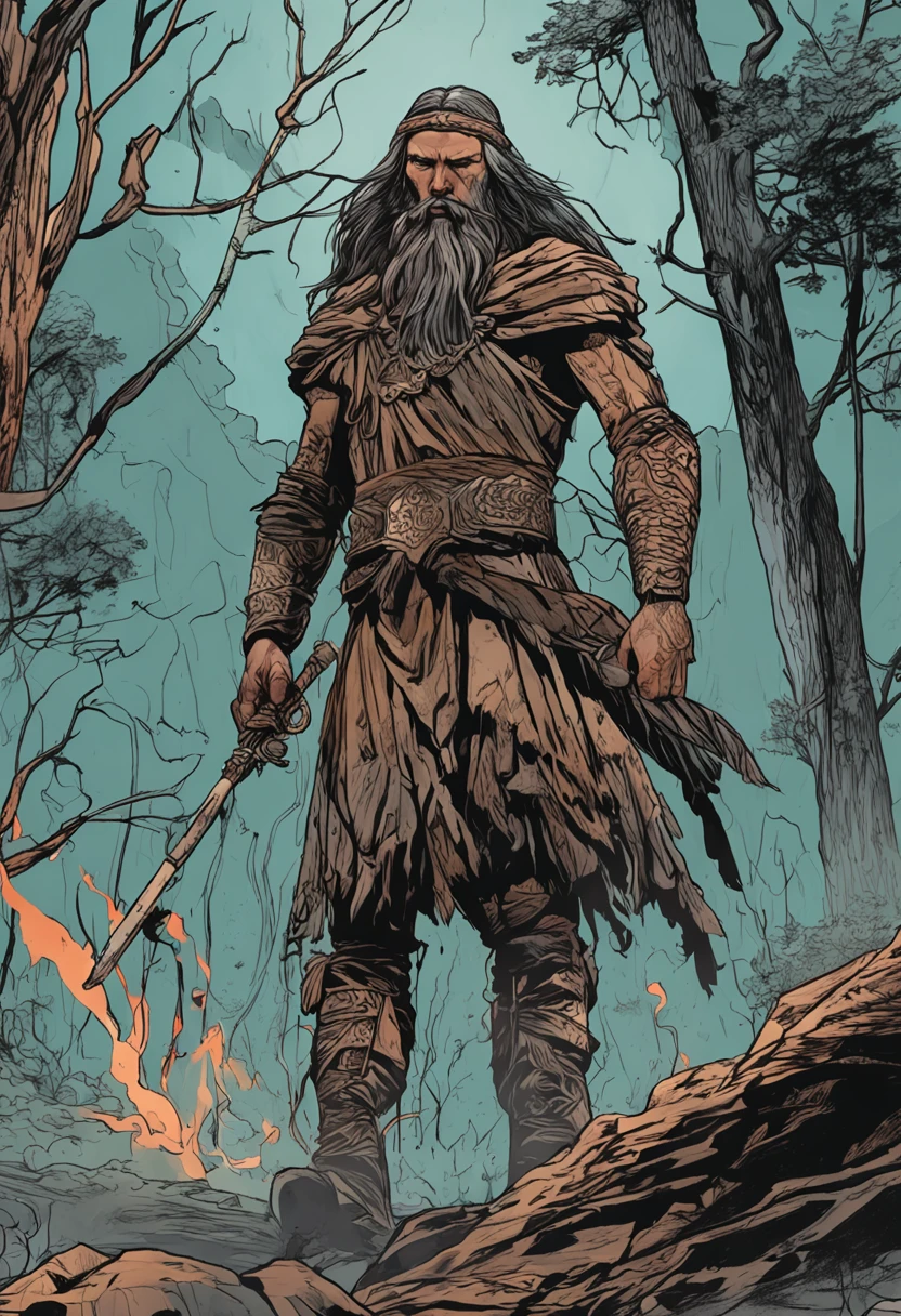 comic book. Radovan ancient slavic warrior with beard and long hair. standing in an ethereal forest. Fire and smoke. The dream landscape is a mesmerizing mix of reality and illusion, wrapped in a veil of darkness. Full body, Wide shot, victor maristane, caio santos, andres rios, Eloy Morales, 18 anos, Jose Miguel Romano Francisca, Estilo Zigor Samaniego, 1 6 anos, ungina real, imagem frontal, inspirado em Randy Vargas