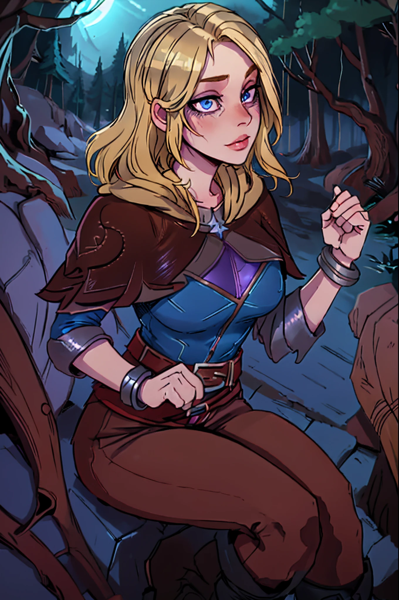 masterpiece, best quality, spellthieflux, blonde, hood, capelet, blue shirt, glowing, bracelet, belt, brown pants, boots, night, stars, forest, blue purple theme, blue purple glow, beautiful, portrait, close up face, award-winning art, sexy