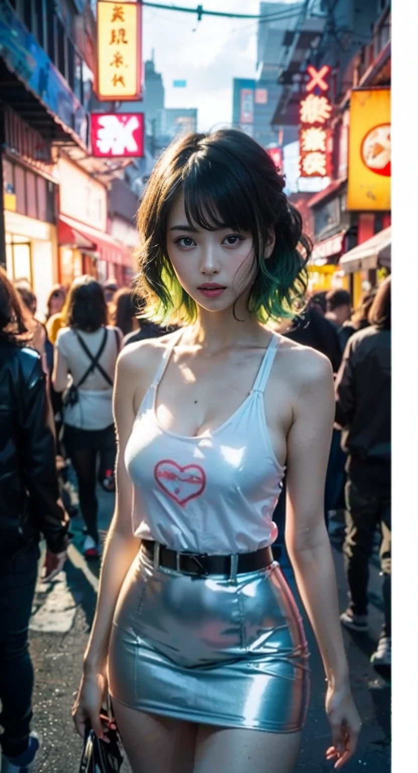 Girl YouTuber,(((1girl in))),((Very cute beautiful green curly anime girl walking down the street)),
(short chest:1.4),(((Green curly hair:1.35,Very curly hair,Colored inner hair,Ear breathing,Short hair))),((Green eyes:1.3,upward-eyed:1.3,Perfect eyes,Beautiful detailed eyes,Rainbow shines ultra-detailed yellow-green eyes:1.1,Gradient Eyes:1,finely detailed beautiful eye:1,Symmetrical eyes:1,big highlight on eyes:1.2)),((Fat)),(((Lustrous skin:1.5,bright skin: 1.5,skin tanned,Shiny skin,Very shiny skin,Shiny body,plastic glitter skin,exaggerated shiny skin))),delicate detailed fingers,Detailed body,detailed arms,Human Hands,(Detailed face)),
Cute,sluttish,Seductive,Erotic,(((NSFW))),
zettai ryouiki,Revealing clothing,Show skin,((Rave Miniskirt,Visible lace strap,White loose tank top with anime girl print)),(detailed costume,detailed clothes),
(Dynamic Pose:1.0),Solo Focus,embarrassed,Centered,scale to fit the dimensions,thirds rule,
Outdoors,((Night view)),(Neon synth waves in a very beautiful city,Cyberpunk Night Street Background:1.5,dark sky,Thick clouds),Vehicles of the future,((Neon light)),Thick clouds,(Cyberpunk style,Neon light, (Synthwave theme background), Lonely street),(((Detailed background:1.25))),
(Best Quality),(High resolution),(Sharp Focus),(ultra-detailliert),(Extremely detailed),(Very high quality artwork),8K_Wallpaper,(8K HDTV CG),(Very fine 8K CG),((hyper super ultra detailed perfect piece)),flawless,(((masutepiece))),Illustration,Vibrant colors,(Convoluted),High contrast,Selective lighting,double exposure,nffsw (High dynamic range),Post-processing,Background blur,