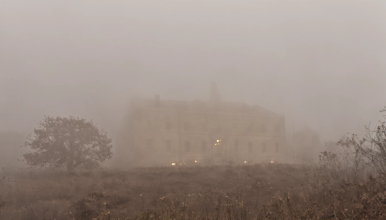 Wide shot of the school engulfed in mist as thunder rumbles in the distance.