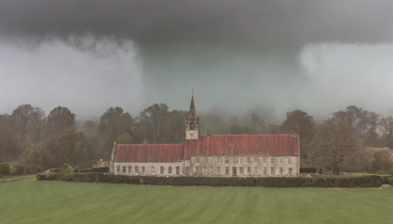 Wide shot of the school engulfed in mist as thunder rumbles in the distance.